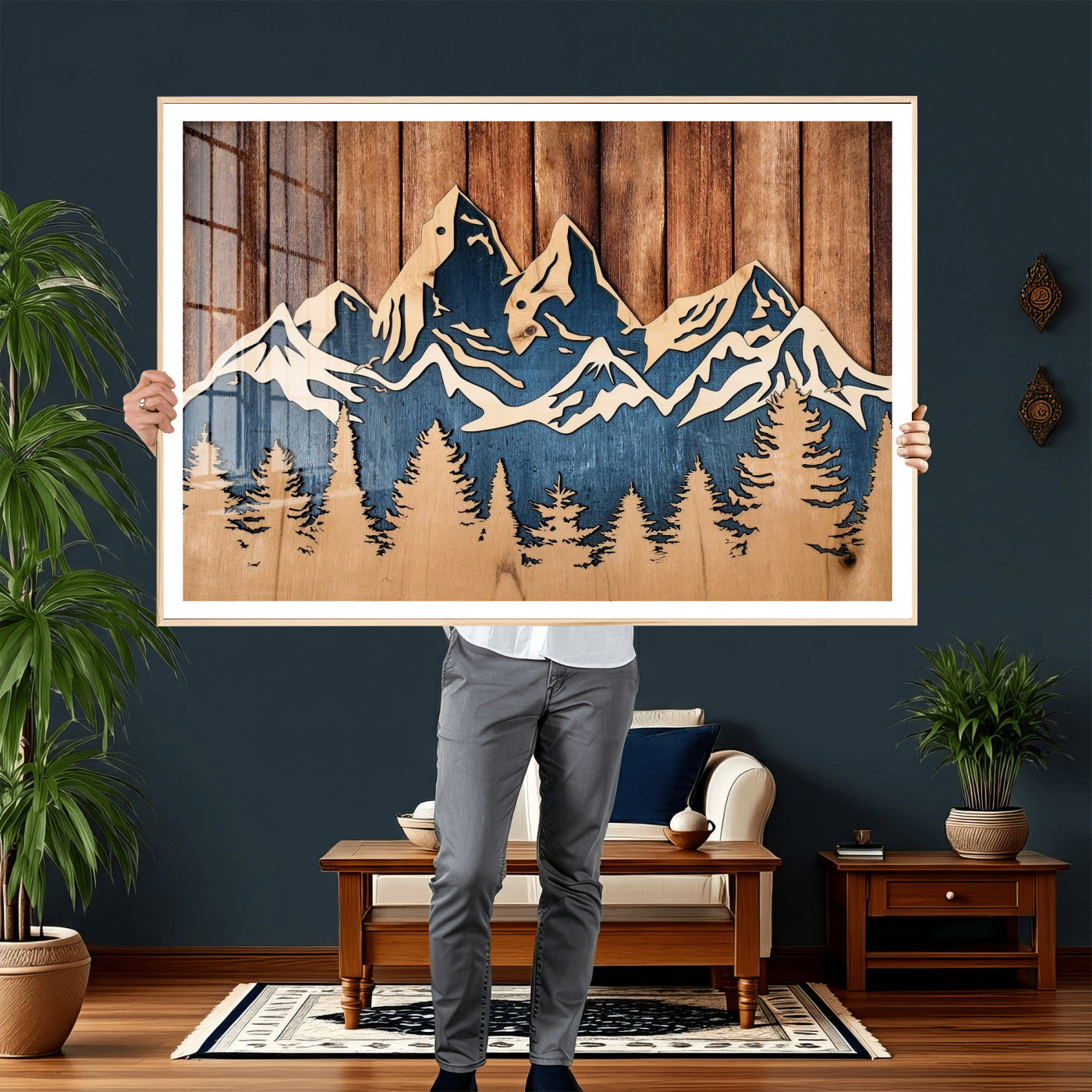 41330-MGV-CV-36X24 - Rustic Wood Style Mountain Wall Art, Nature Forest Canvas Print, Wooden Textured Mountain Artwork Print