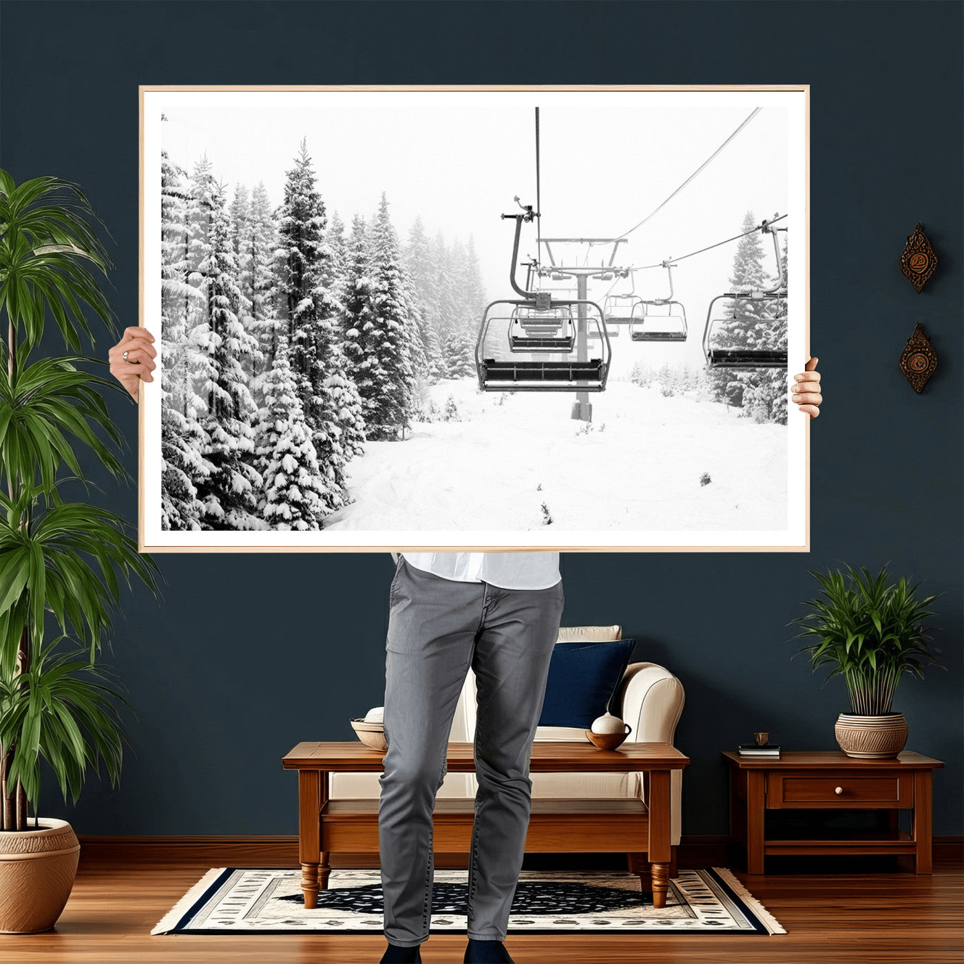 70609-MGV-CV-36X24 - Winter Forest Wall Art Canvas Print, Framed Snowy Forest Art Picture Print, Winter Ski Lift Perfect