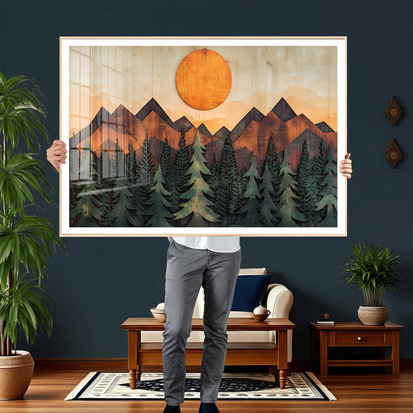 77739-MGV-CV-36X24 - Wood Style Sunset Mountain Landscape Canvas Wall Art Print - Nature Decor for Living Room, Office