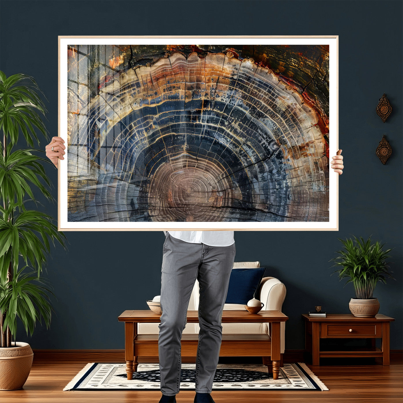 16193-MGV-CV-36X24 - Framed Wood Tree Ring Wall Art - Abstract Colorful Wood Ring Wall Decor for Minimalist Home Decor