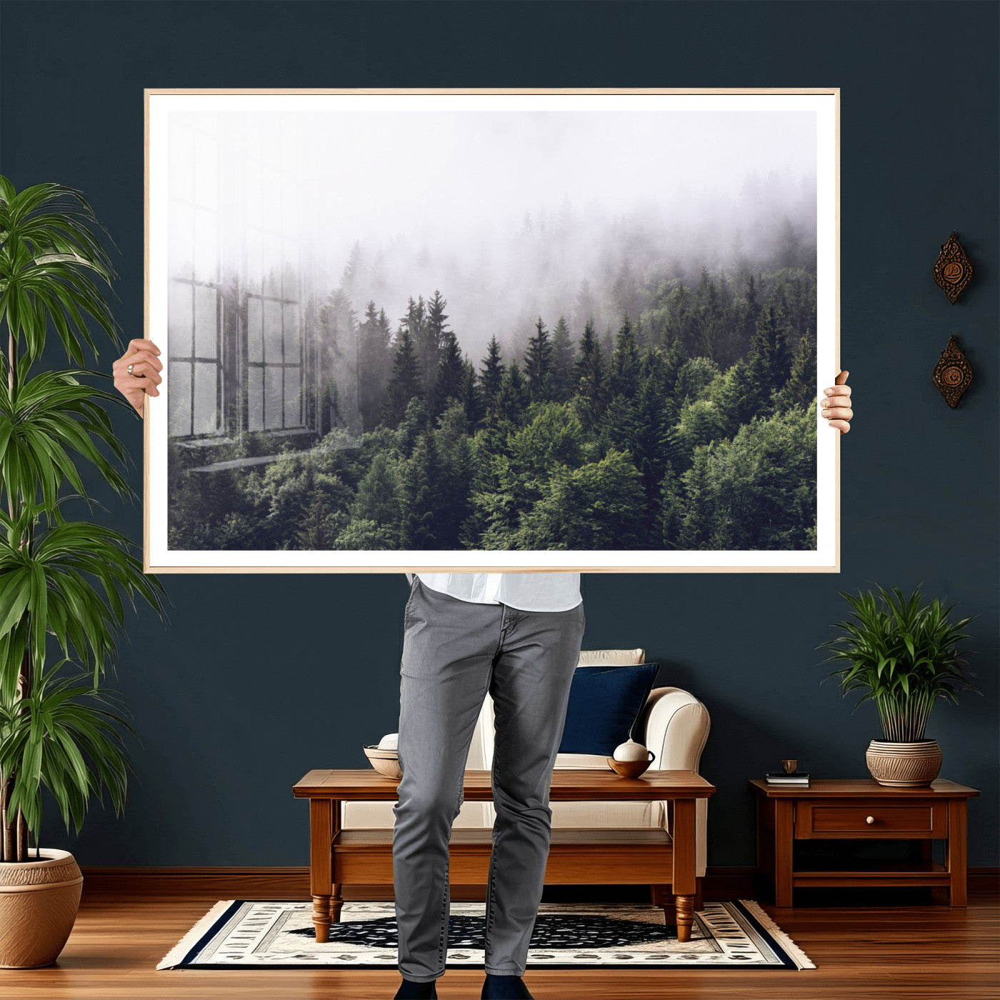 42578900-MGV-CV-36X24 - Misty Forest Wall Art | Foggy Forest Canvas Print | Large Nature-Inspired Misty Tree Landscape for
