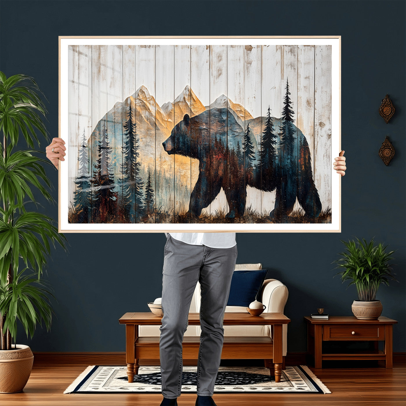 90077-MGV-CV-36X24 - Rustic Bear Wall Art - Grizzly 399 Bear Wall Art - Mountain Wood Canvas Wall Art - Nature Theme