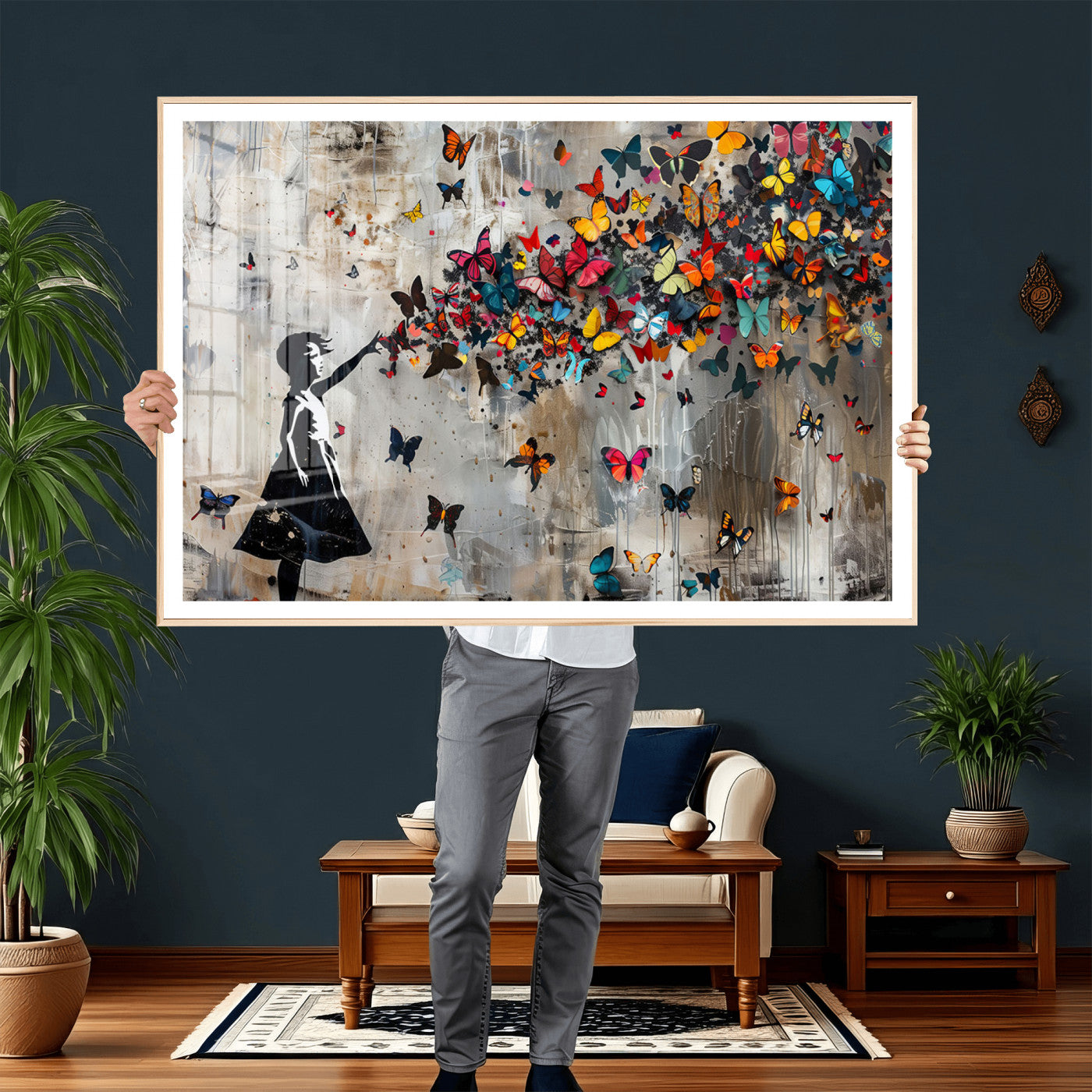 51446-MGV-CV-36X24 - Banksy Butterfly Girl Wall Art | 3-Piece Butterfly Girl Canvas