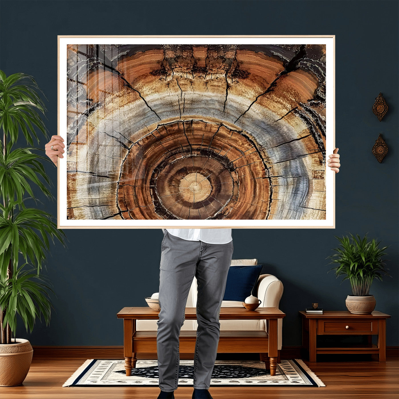 15184146-MGV-CV-36X24 - Tree Rings Wall Art Canvas Print, Framed Wood Texture Art Picture Print, Rustic Pattern Perfect Rustic Organic Decor Artwork