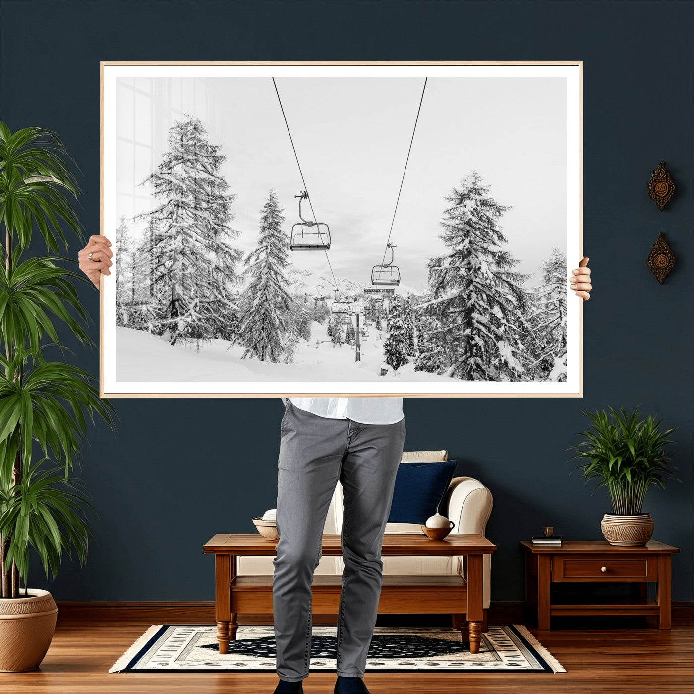 55003599-MGV-CV-36X24 - Wall Art Canvas Print Winter Chairlift Views Silent Snow-Covered Pines Mountain Calm Serenity Frozen