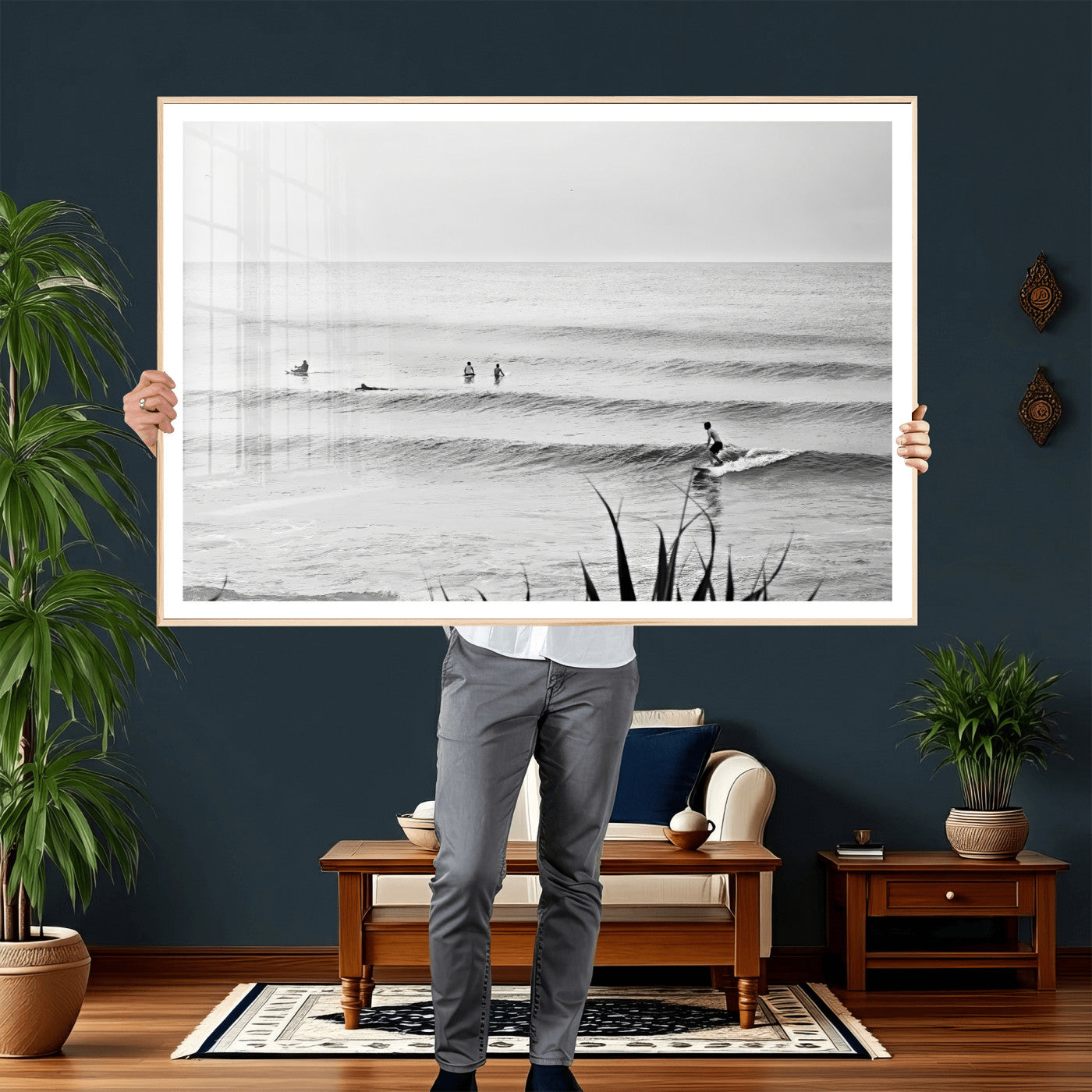 33821421-MGV-CV-36X24 - Surfer Silhouette Wall Art Canvas Print, Framed Calm Ocean Art Picture Print, Monochrome Surf Minimalist Coastal Decor Artwor