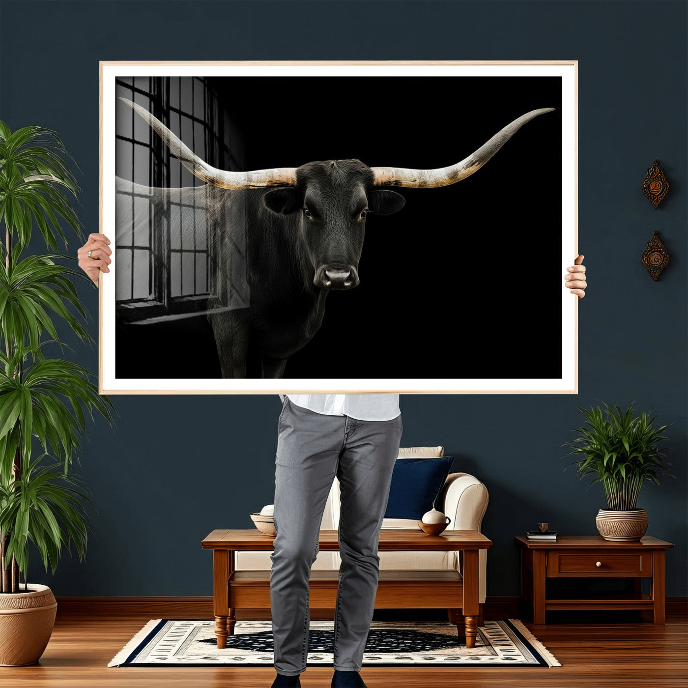 99448328-MGV-CV-36X24 - Longhorn Cattle Wall Art Canvas Print, Framed Texas Black Bull Art Picture Print, Western Cow Perfect Farmhouse Decor Artwork