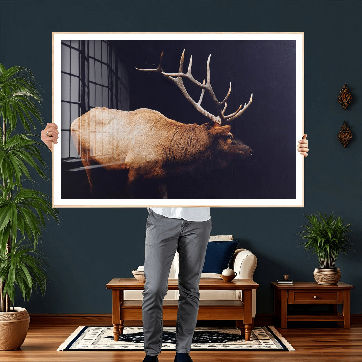89239257-MGV-CV-36X24 - Rustic Elk Wall Art Canvas Print – Framed Moody Wildlife Art Picture Western Animal Artwork for Home, Office Decor