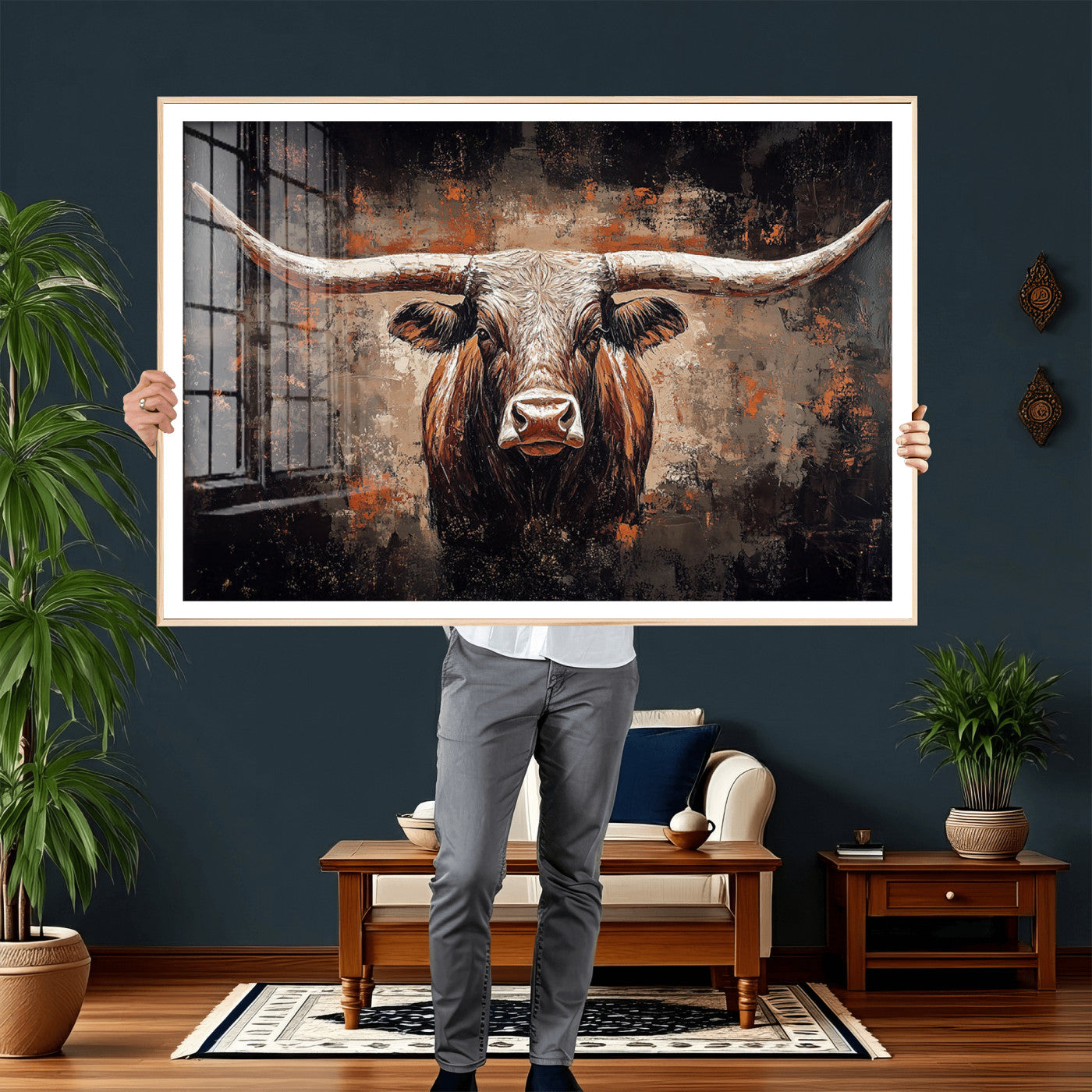24779067-MGV-CV-36X24 - Rustic Longhorn Bull Wall Art Canvas Print – Vintage Western Cattle Painting, Texas Steer Artwork