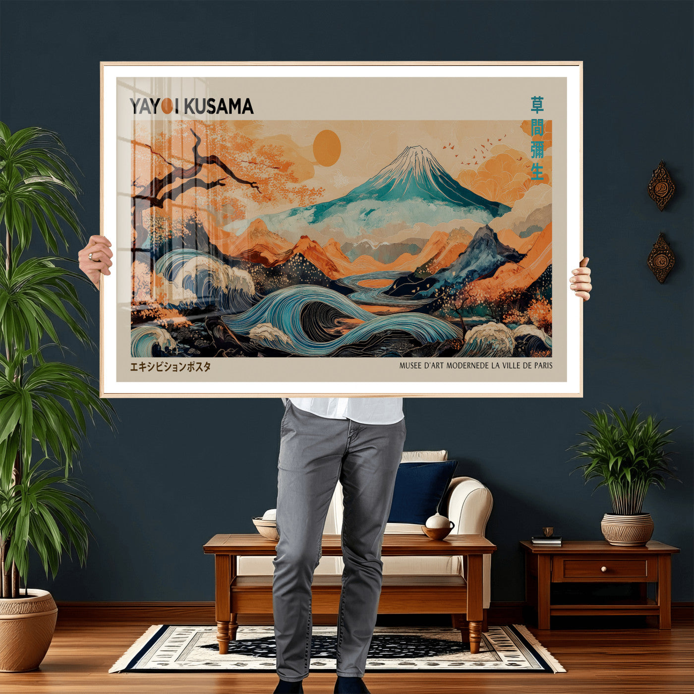 94085549-MGV-CV-36X24 - Yayoi Kusama Japanese Landscape Wall Art Canvas Print – Modern Abstract Mount Fuji Wall Art - Japanese Waves & Autumn Trees Print