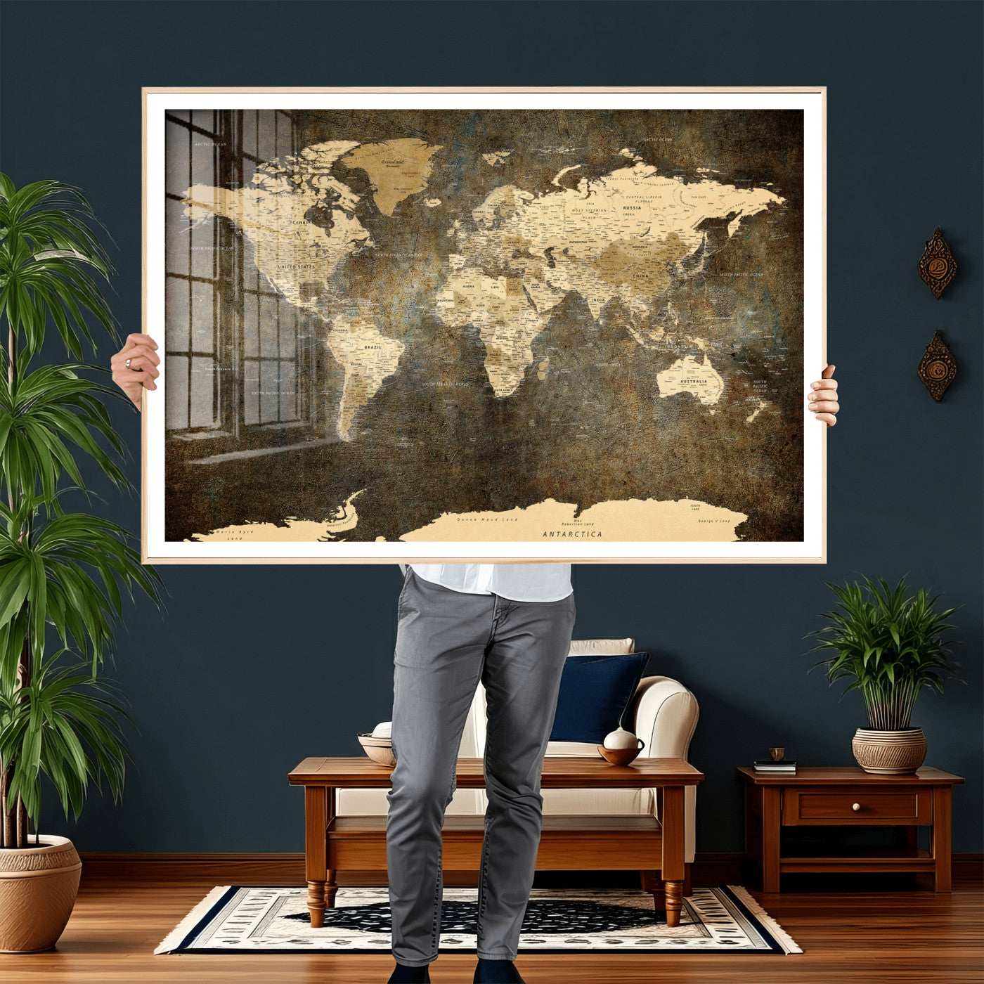 89742472-MGV-CV-36X24 - World Map Wall Art Canvas Print, Modern Decorative Framed Map Artwork Prints for Living Room, Office, Bedroom Wall Decor