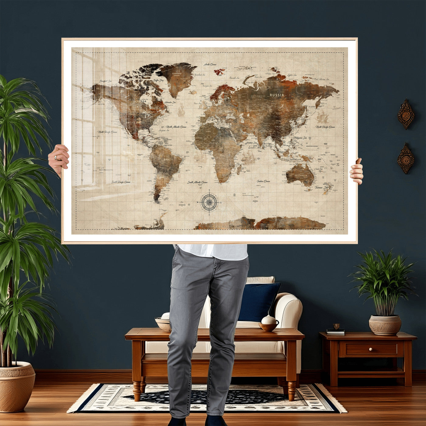 23610090-MGV-CV-36X24 - World Map Wall Art Canvas Print, Modern Decorative Framed Map Artwork Prints for Living Room, Office, Bedroom Wall Decor