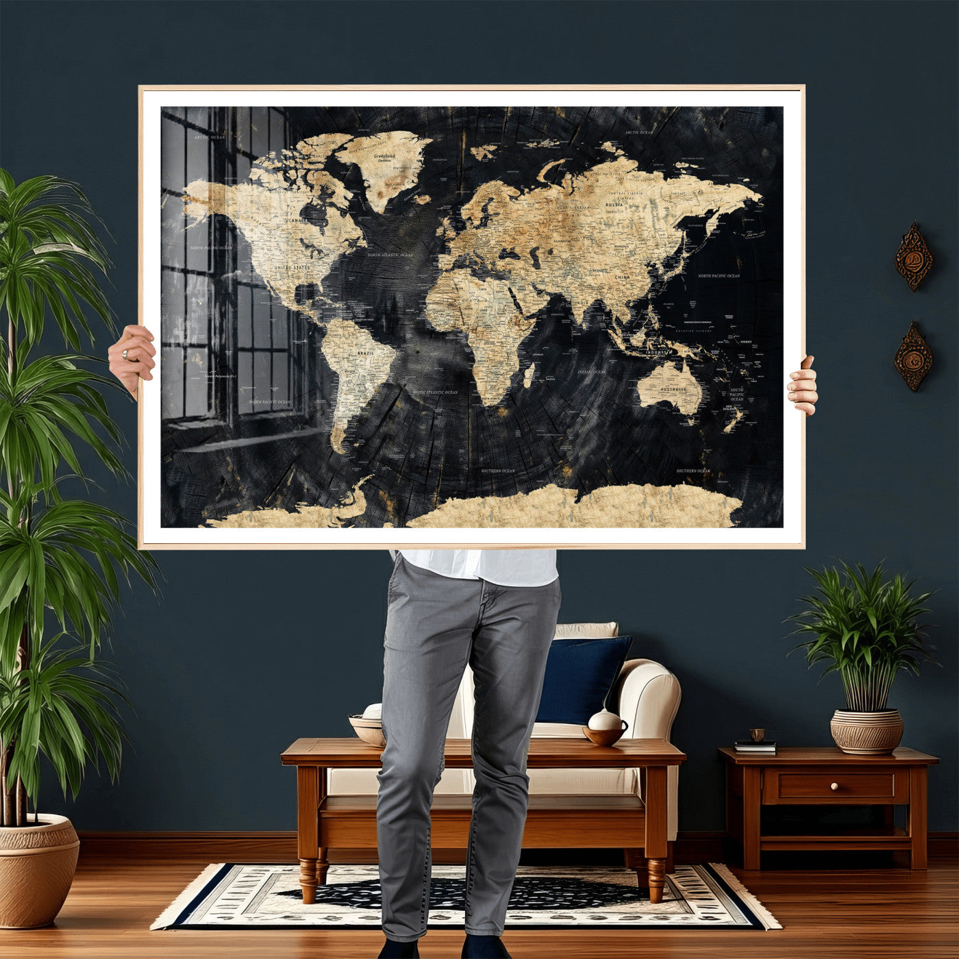 45535041-MGV-CV-36X24 - World Map Wall Art Canvas Print, Modern Decorative Framed Map Artwork Prints for Living Room, Office, Bedroom Wall Decor