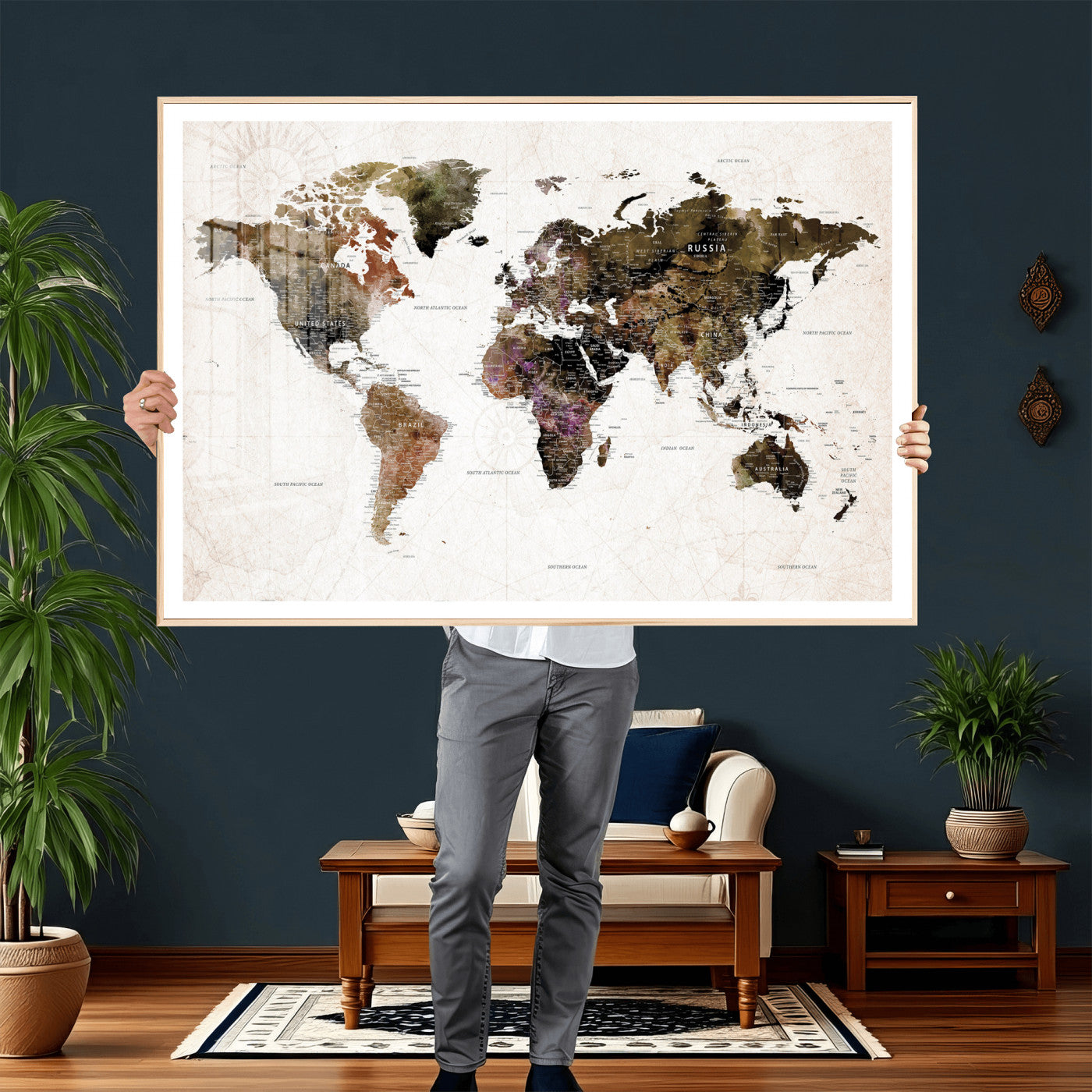 77651968-MGV-CV-36X24 - World Map Wall Art Canvas Print, Modern Decorative Framed Map Artwork Prints for Living Room, Office, Bedroom Wall Decor