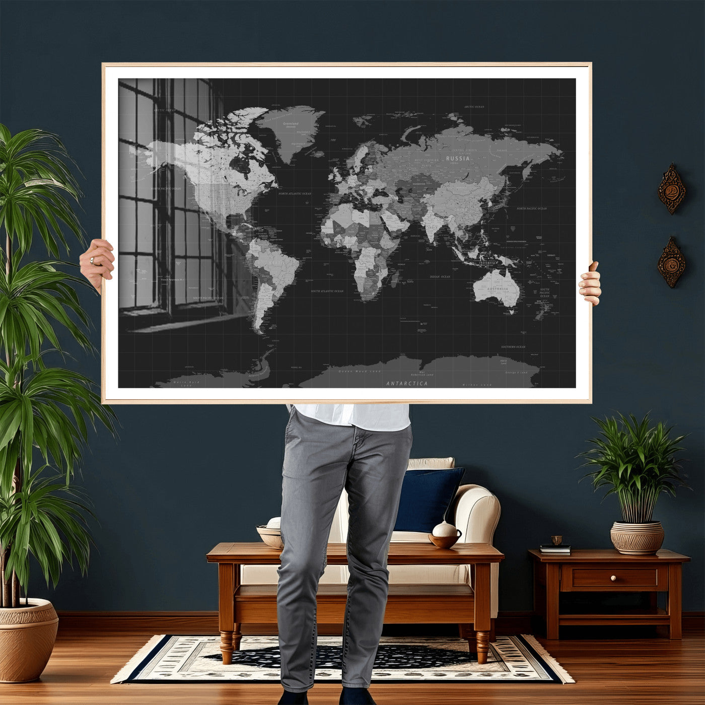 46160121-MGV-CV-36X24 - World Map Wall Art Canvas Print, Modern Decorative Framed Map Artwork Prints for Living Room, Office, Bedroom Wall Decor