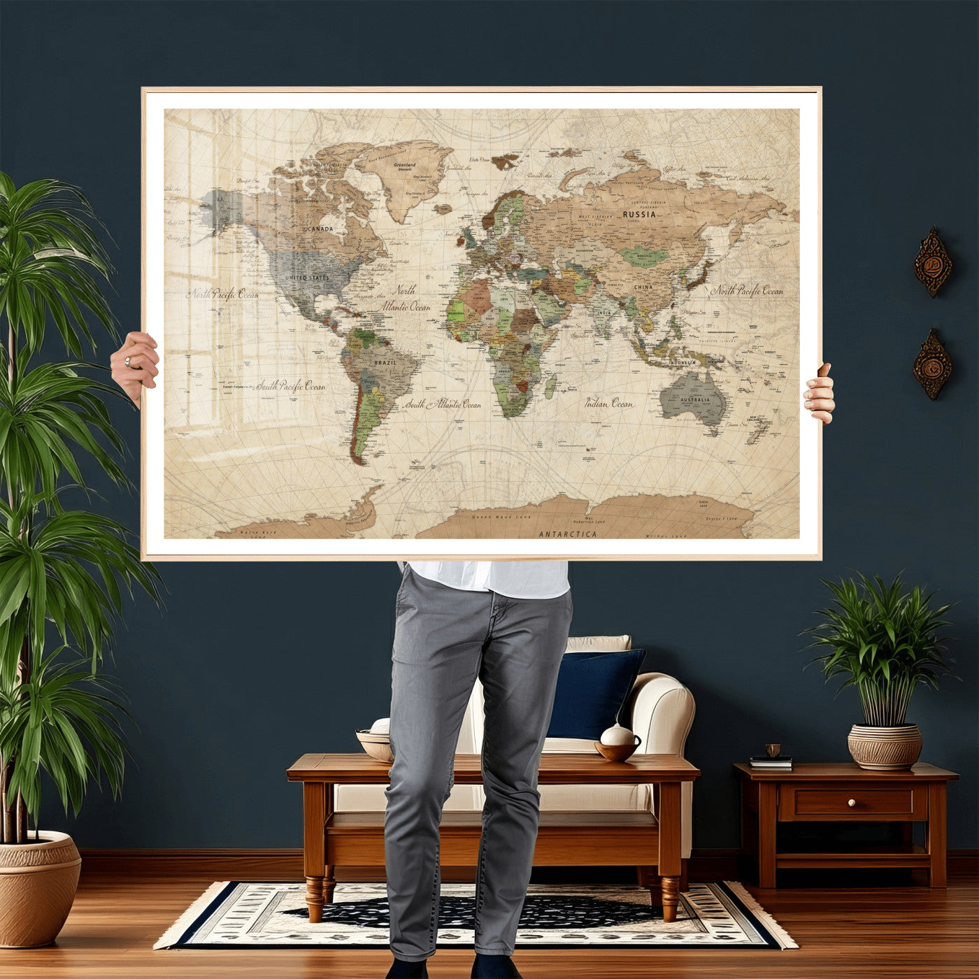 36735609-MGV-CV-36X24 - World Map Wall Art Canvas Print, Modern Decorative Framed Map Artwork Prints for Living Room, Office, Bedroom Wall Decor