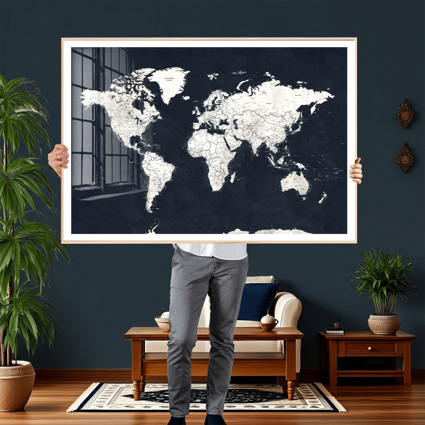 11963807-MGV-CV-36X24 - World Map Wall Art Canvas Print, Modern Decorative Framed Map Artwork Prints for Living Room, Office, Bedroom Wall Decor