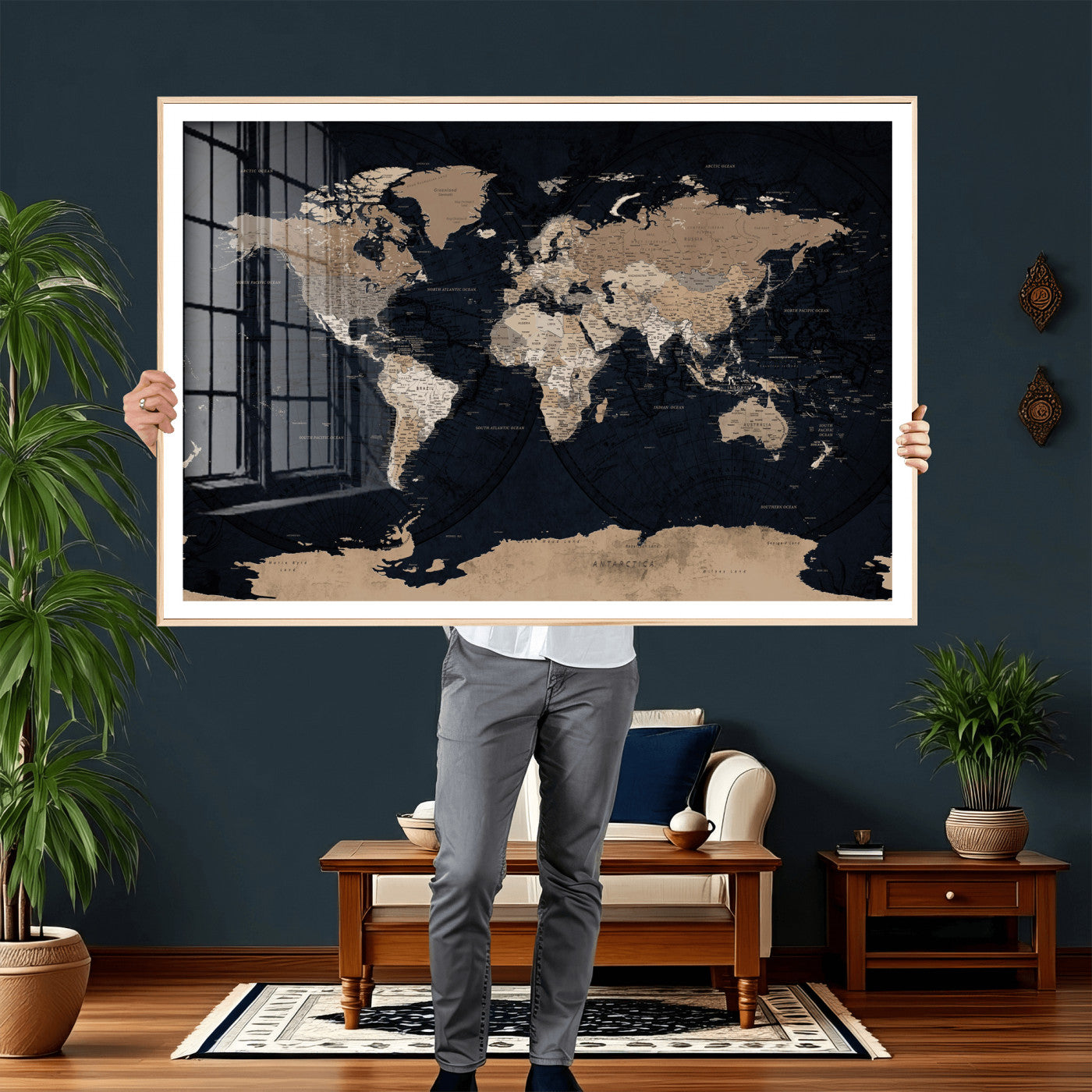 25812727-MGV-CV-36X24 - World Map Wall Art Canvas Print, Modern Decorative Framed Map Artwork Prints for Living Room, Office, Bedroom Wall Decor