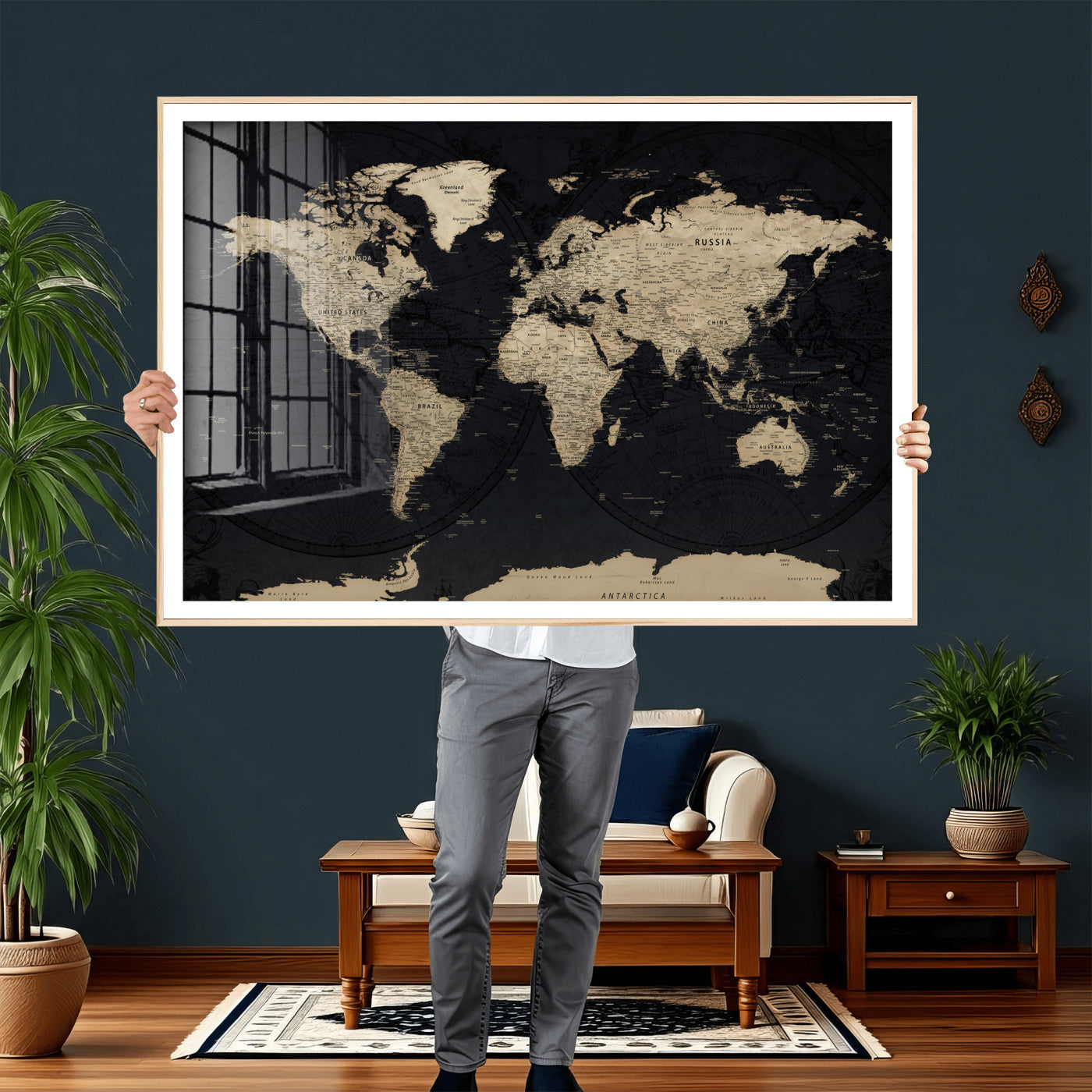 61835687-MGV-CV-36X24 - World Map Wall Art Canvas Print, Modern Decorative Framed Map Artwork Prints for Living Room, Office, Bedroom Wall Decor