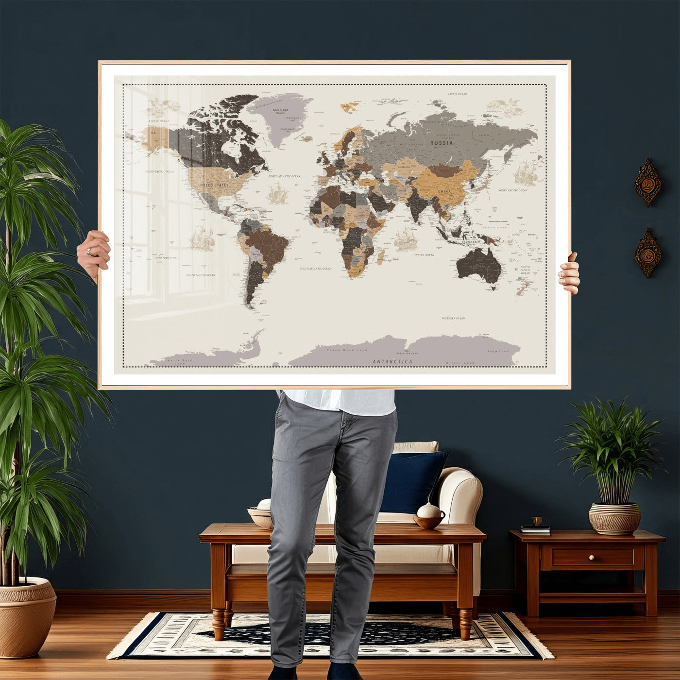 58777746-MGV-CV-36X24 - World Map Wall Art Canvas Print, Modern Decorative Framed Map Artwork Prints for Living Room, Office, Bedroom Wall Decor