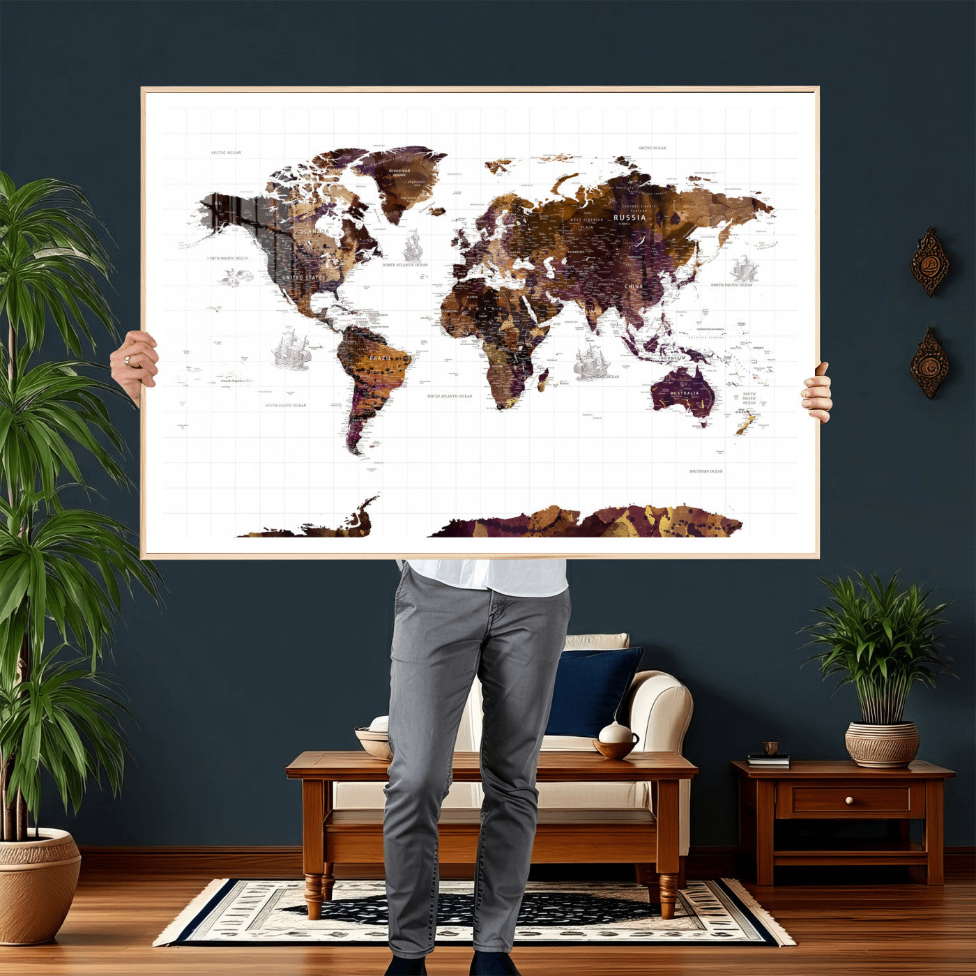 34792695-MGV-CV-36X24 - World Map Wall Art Canvas Print, Modern Decorative Framed Map Artwork Prints for Living Room, Office, Bedroom Wall Decor