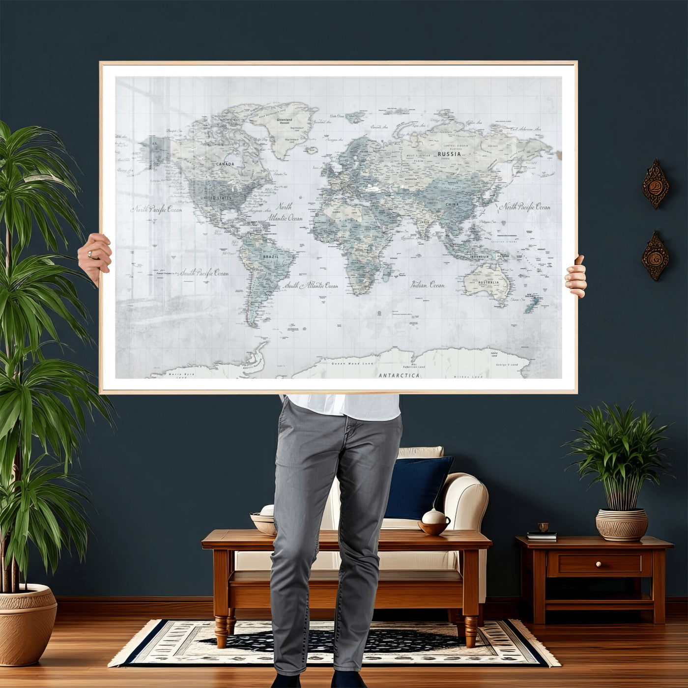 71091917-MGV-CV-36X24 - World Map Wall Art Canvas Print, Modern Decorative Framed Map Artwork Prints for Living Room, Office, Bedroom Wall Decor