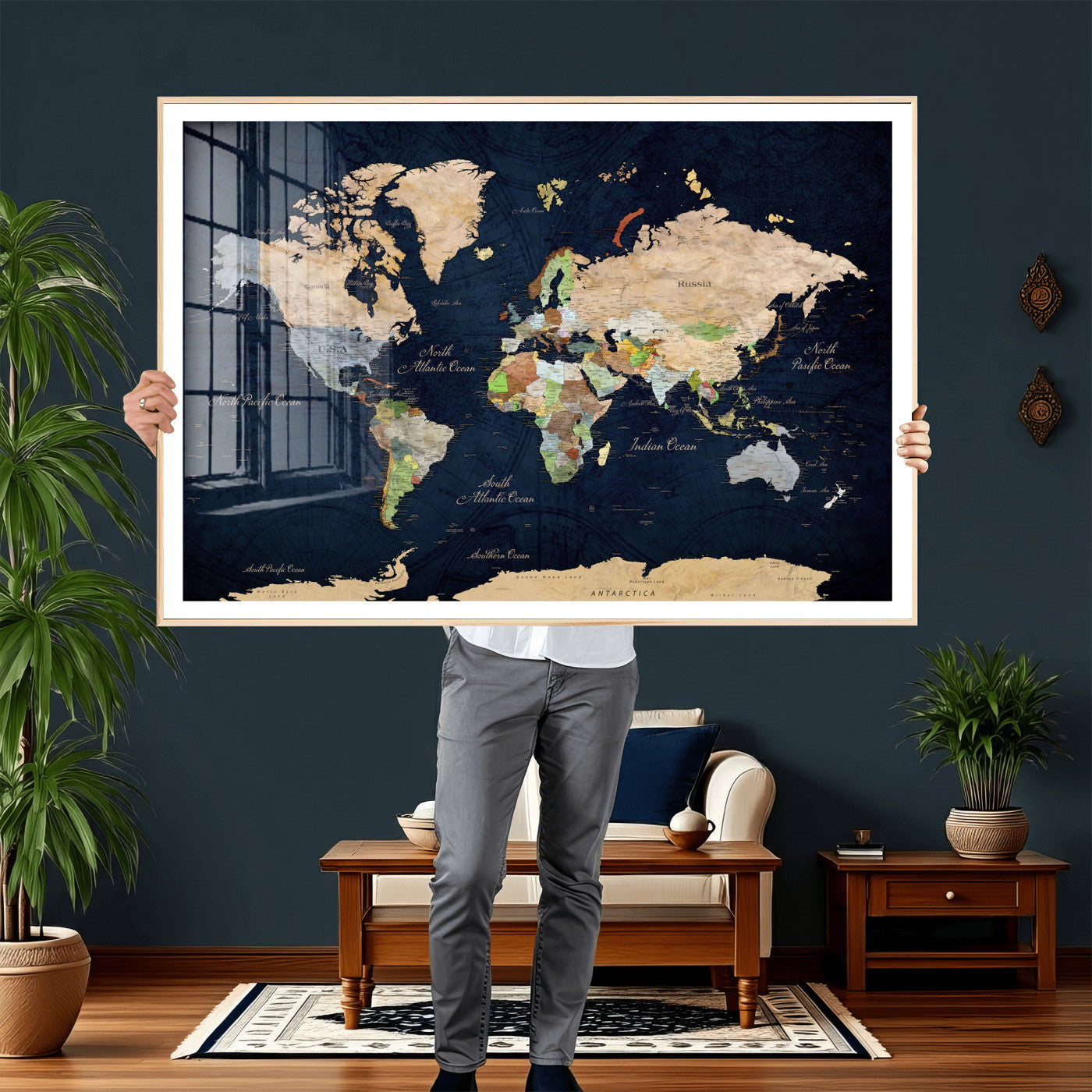 76603563-MGV-CV-36X24 - World Map Wall Art Canvas Print, Modern Decorative Framed Map Artwork Prints for Living Room, Office, Bedroom Wall Decor