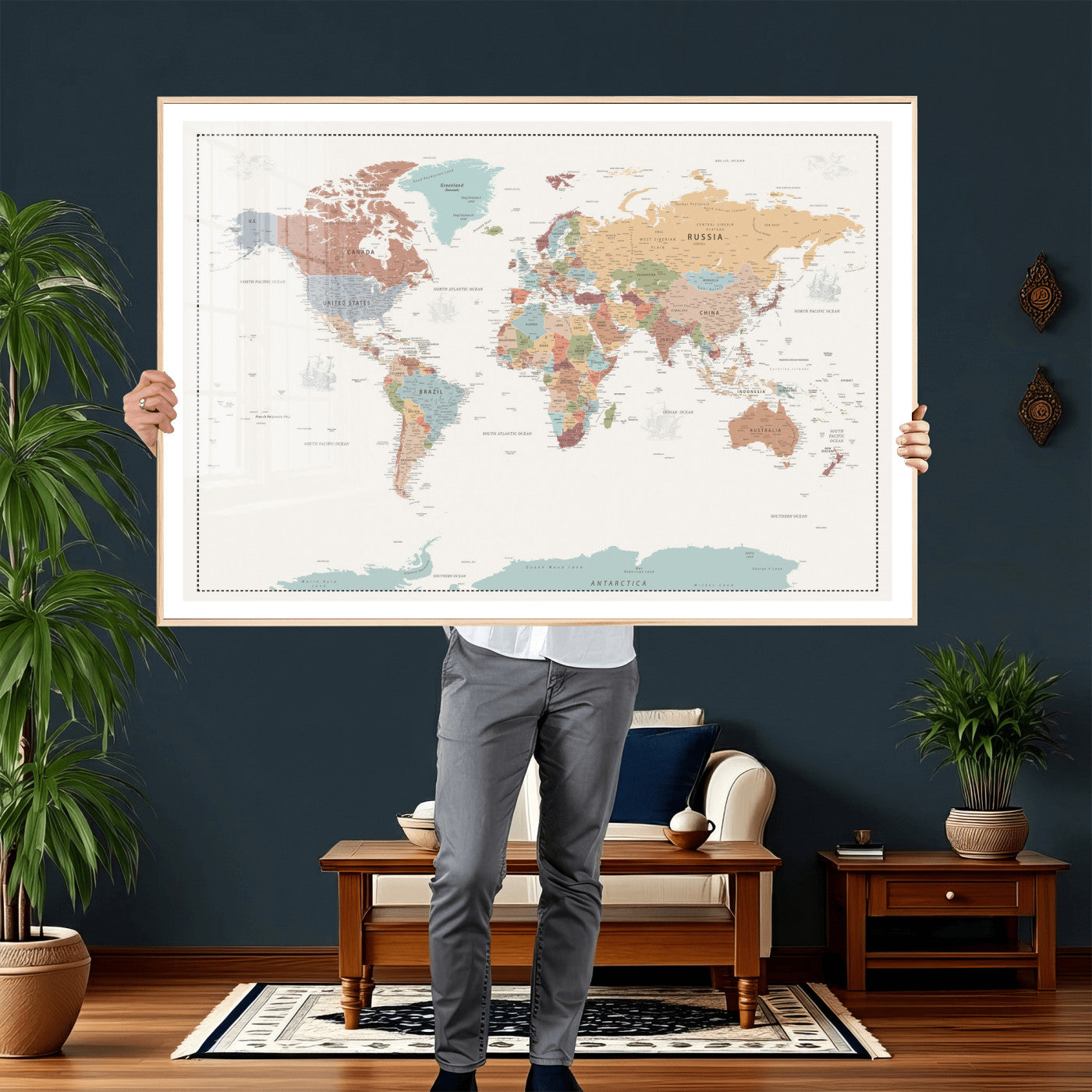63447567-MGV-CV-36X24 - World Map Wall Art Canvas Print, Modern Decorative Framed Map Artwork Prints for Living Room, Office, Bedroom Wall Decor