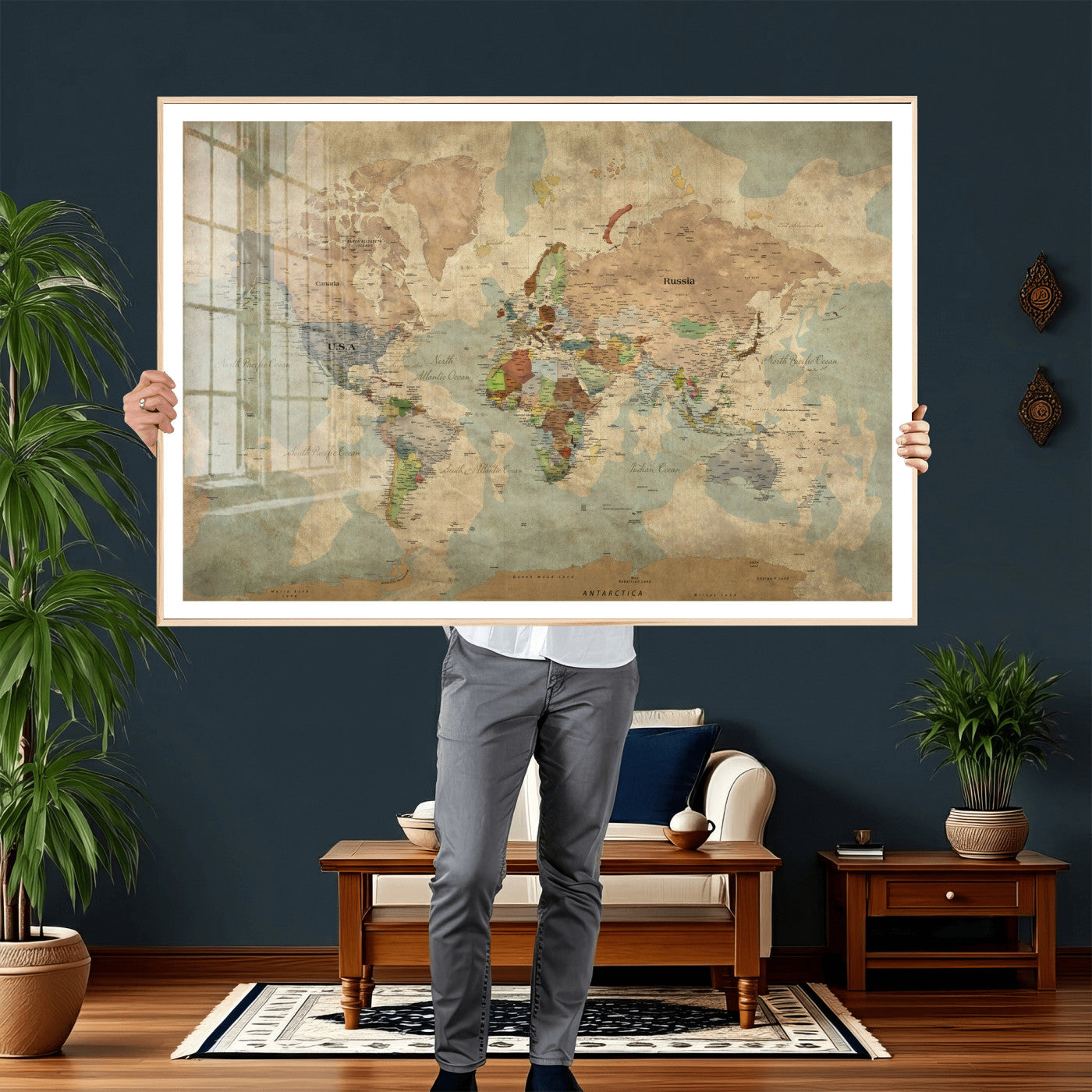 31492148-MGV-CV-36X24 - World Map Wall Art Canvas Print, Modern Decorative Framed Map Artwork Prints for Living Room, Office, Bedroom Wall Decor
