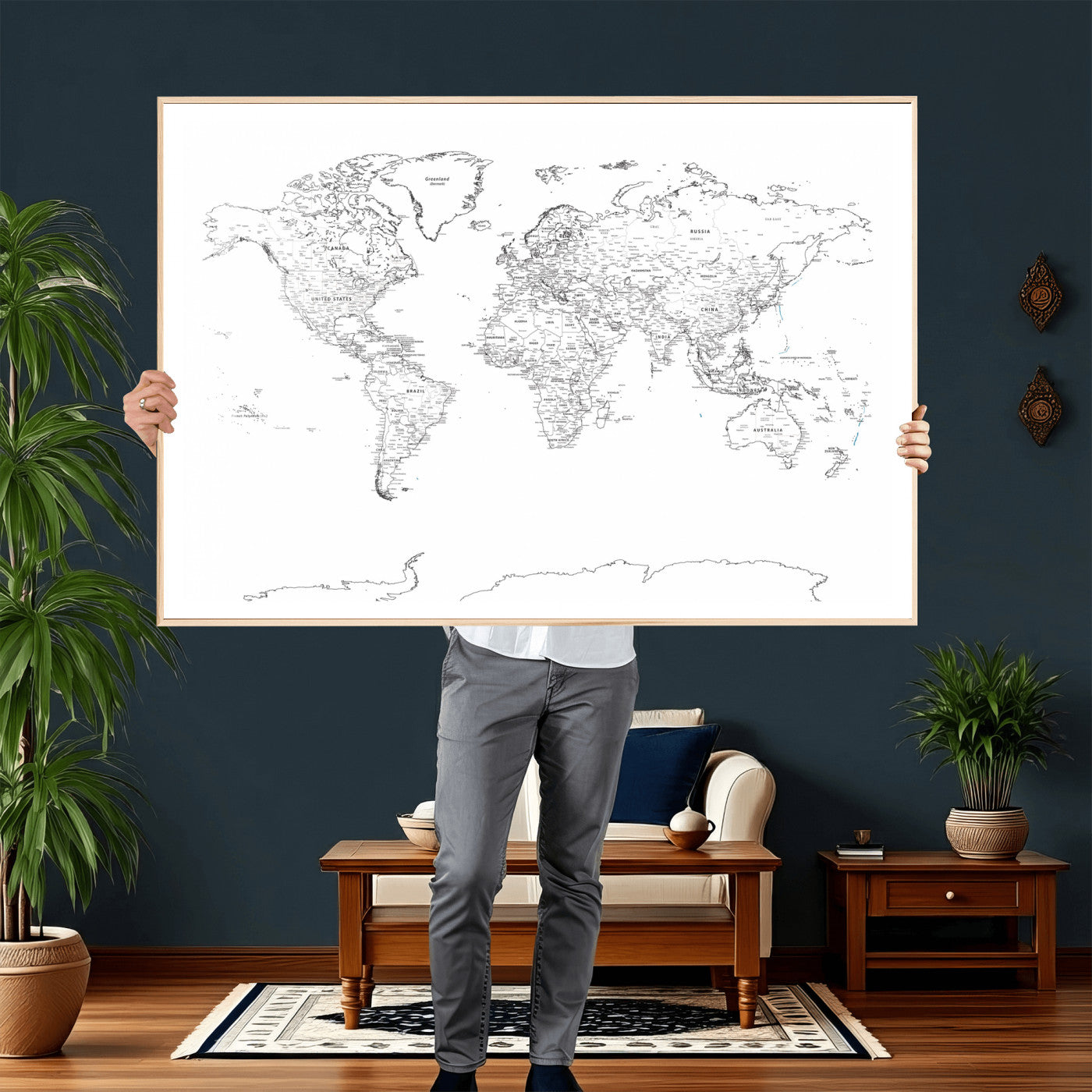 21002736-MGV-CV-36X24 - World Map Wall Art Canvas Print, Modern Decorative Framed Map Artwork Prints for Living Room, Office, Bedroom Wall Decor