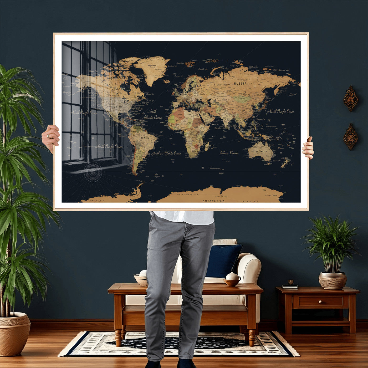 87280374-MGV-CV-36X24 - World Map Wall Art Canvas Print, Modern Decorative Framed Map Artwork Prints for Living Room, Office, Bedroom Wall Decor
