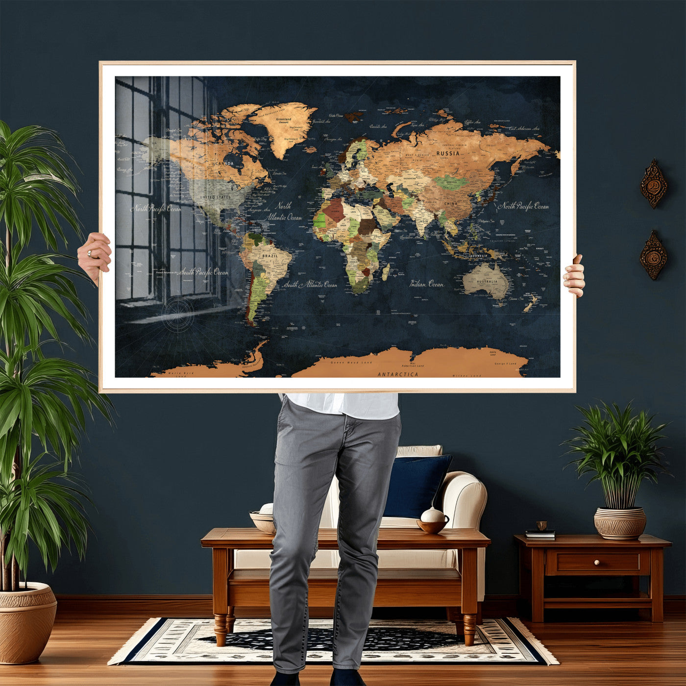 53717402-MGV-CV-36X24 - World Map Wall Art Canvas Print, Modern Decorative Framed Map Artwork Prints for Living Room, Office, Bedroom Wall Decor