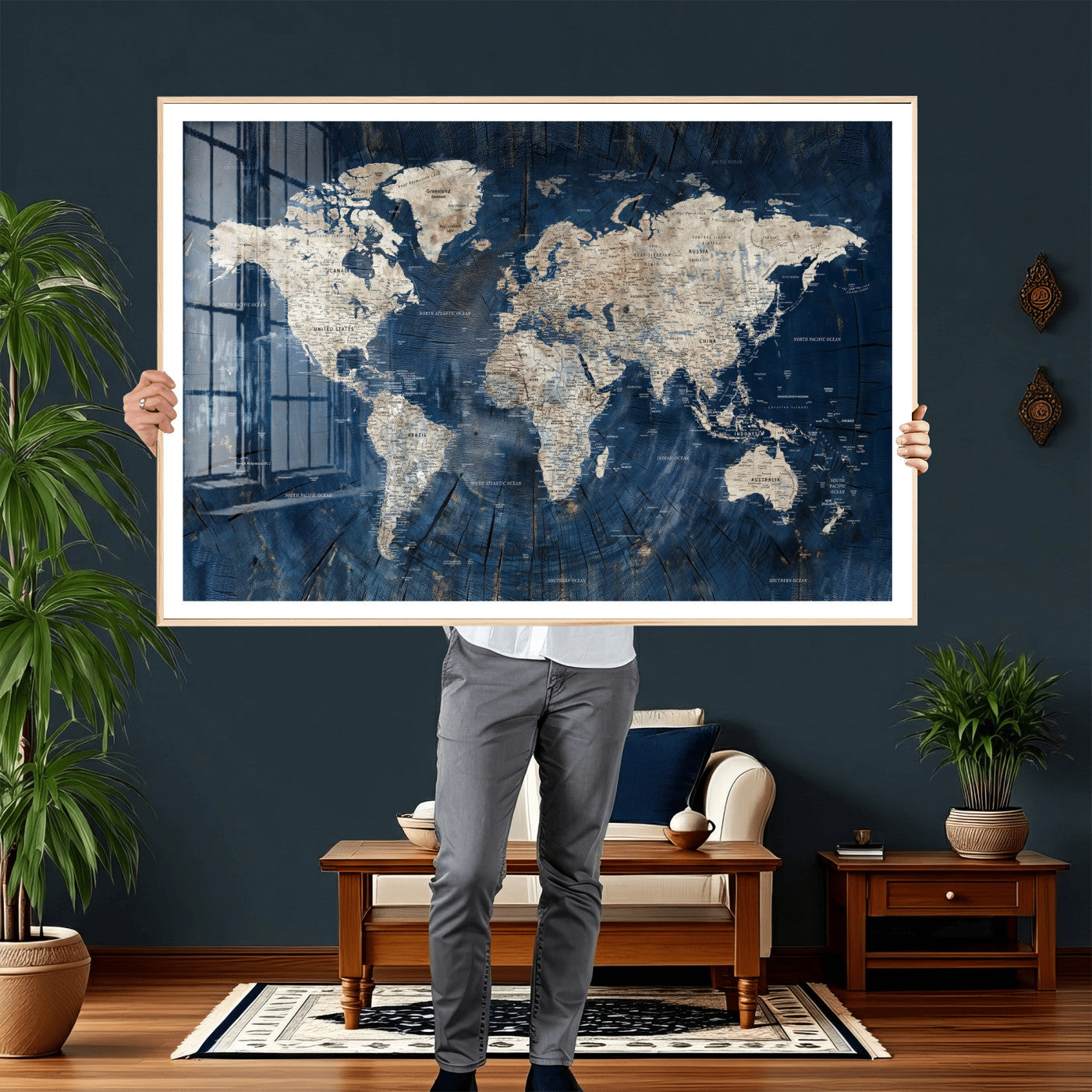 56126010-MGV-CV-36X24 - World Map Wall Art Canvas Print, Modern Decorative Framed Map Artwork Prints for Living Room, Office, Bedroom Wall Decor
