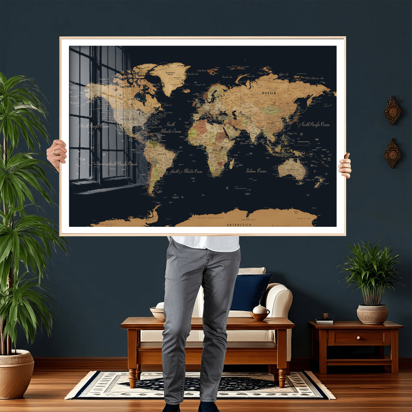 36916368-MGV-CV-36X24 - World Map Wall Art Canvas Print, Modern Decorative Framed Map Artwork Prints for Living Room, Office, Bedroom Wall Decor