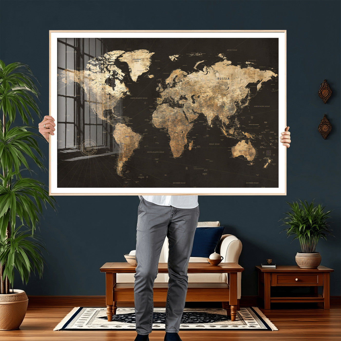 70985630-MGV-CV-36X24 - World Map Wall Art Canvas Print, Modern Decorative Framed Map Artwork Prints for Living Room, Office, Bedroom Wall Decor