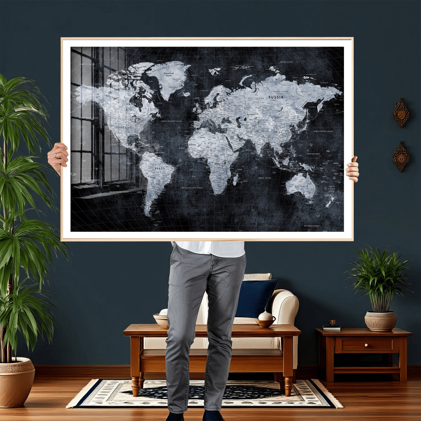 86893704-MGV-CV-36X24 - World Map Wall Art Canvas Print, Modern Decorative Framed Map Artwork Prints for Living Room, Office, Bedroom Wall Decor