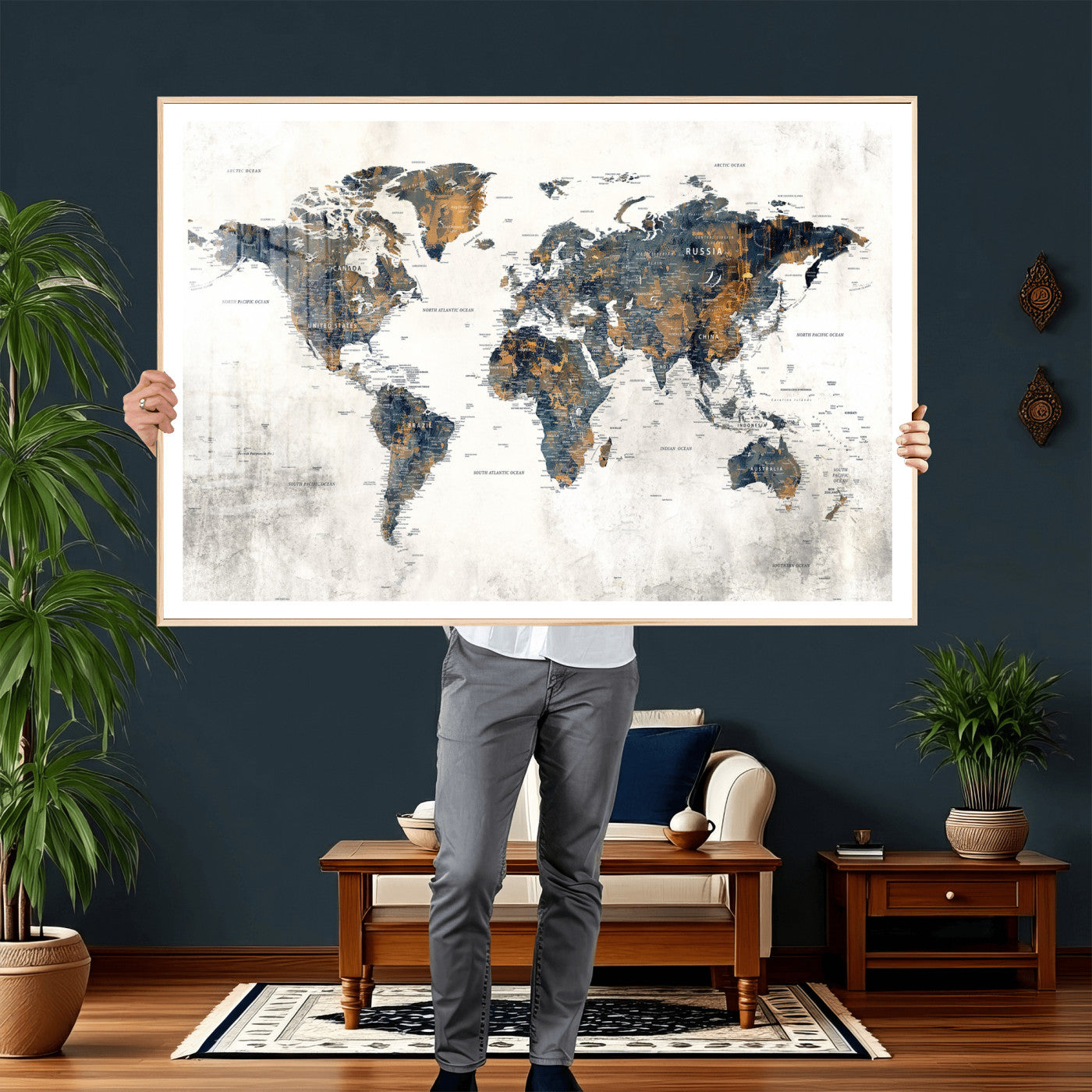 52451147-MGV-CV-36X24 - World Map Wall Art Canvas Print, Modern Decorative Framed Map Artwork Prints for Living Room, Office, Bedroom Wall Decor