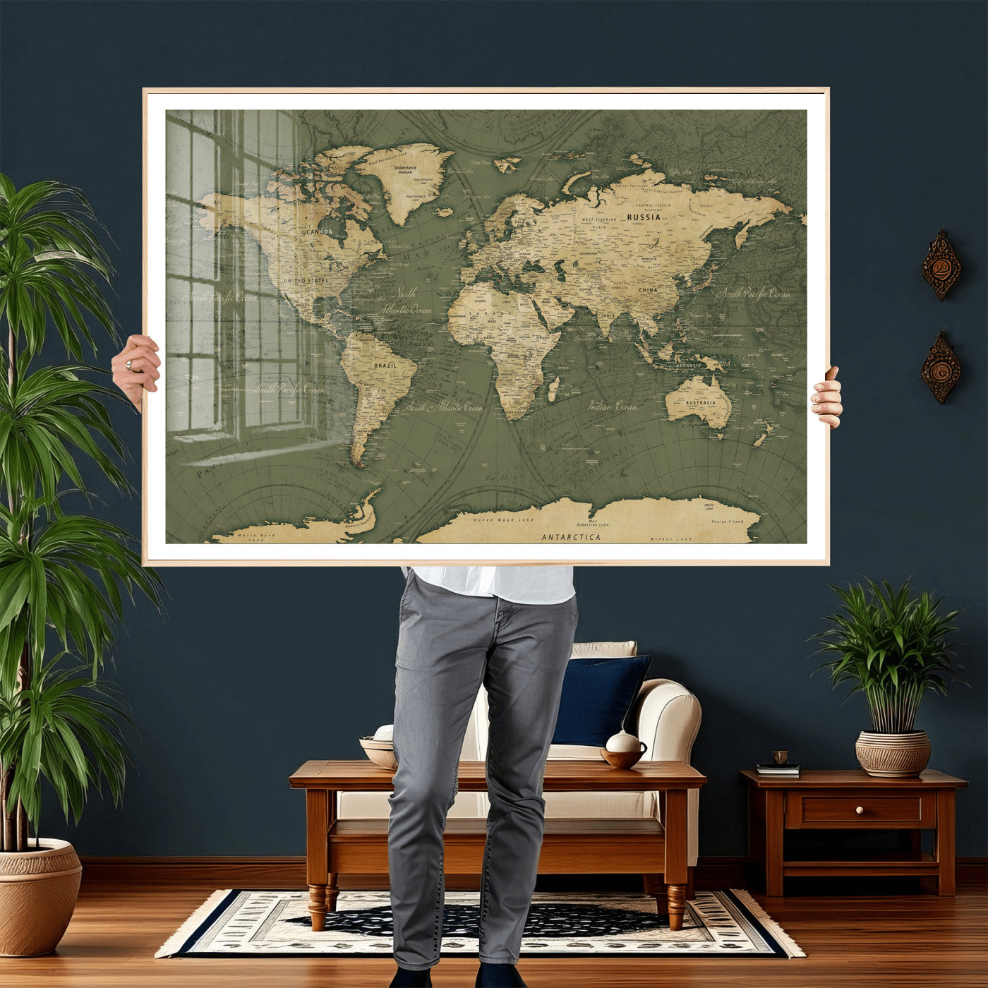 75846040-MGV-CV-36X24 - World Map Wall Art Canvas Print, Modern Decorative Framed Map Artwork Prints for Living Room, Office, Bedroom Wall Decor