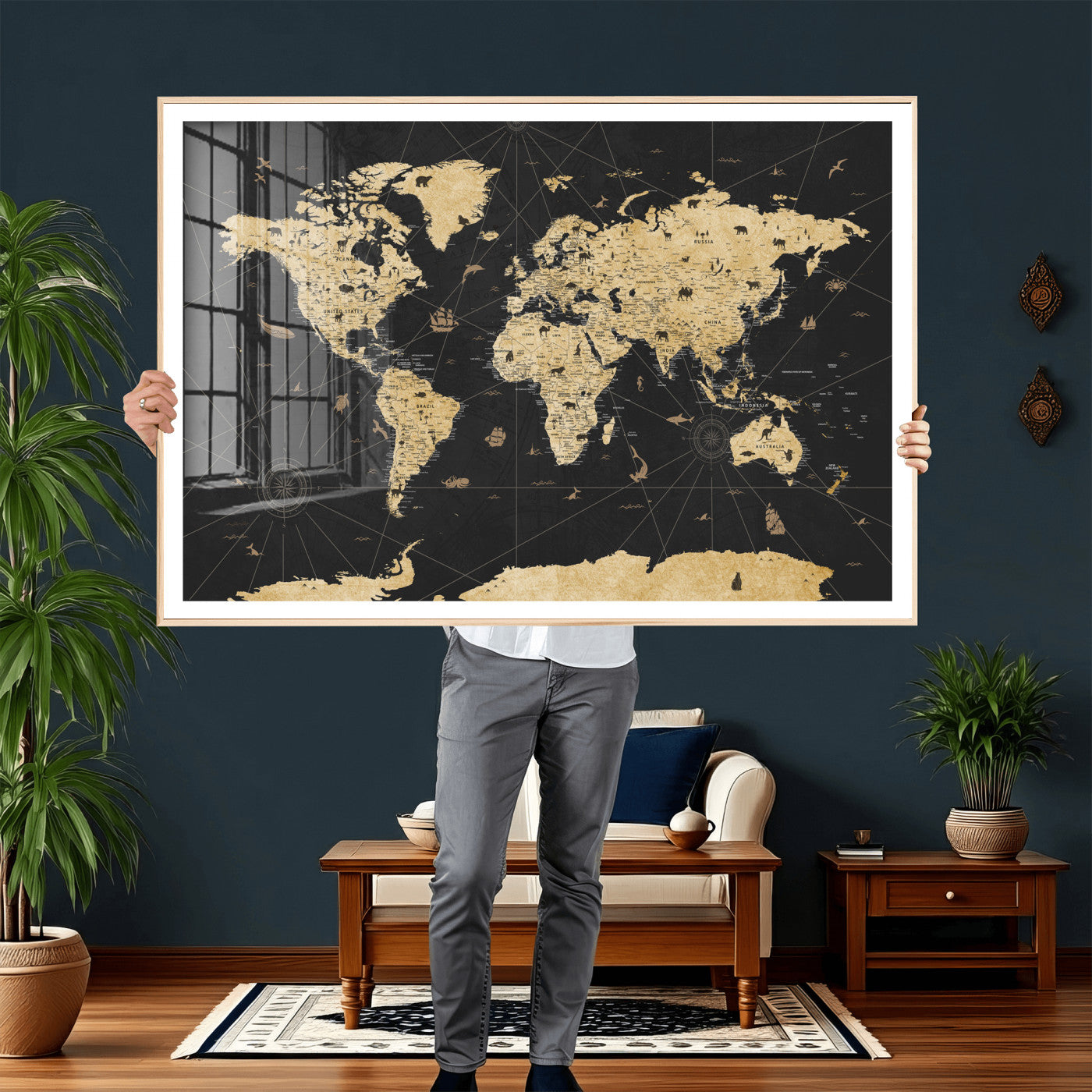 80270976-MGV-CV-36X24 - World Map Wall Art Canvas Print, Modern Decorative Framed Map Artwork Prints for Living Room, Office, Bedroom Wall Decor