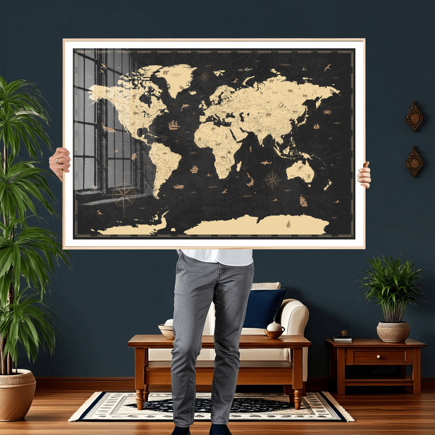 75220264-MGV-CV-36X24 - World Map Wall Art Canvas Print, Modern Decorative Framed Map Artwork Prints for Living Room, Office, Bedroom Wall Decor
