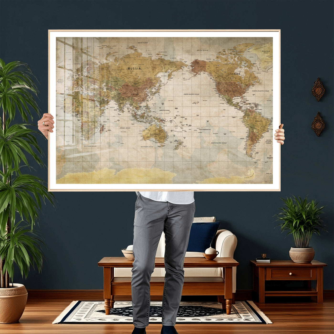 22305205-MGV-CV-36X24 - World Map Wall Art Canvas Print, Modern Decorative Framed Map Artwork Prints for Living Room, Office, Bedroom Wall Decor