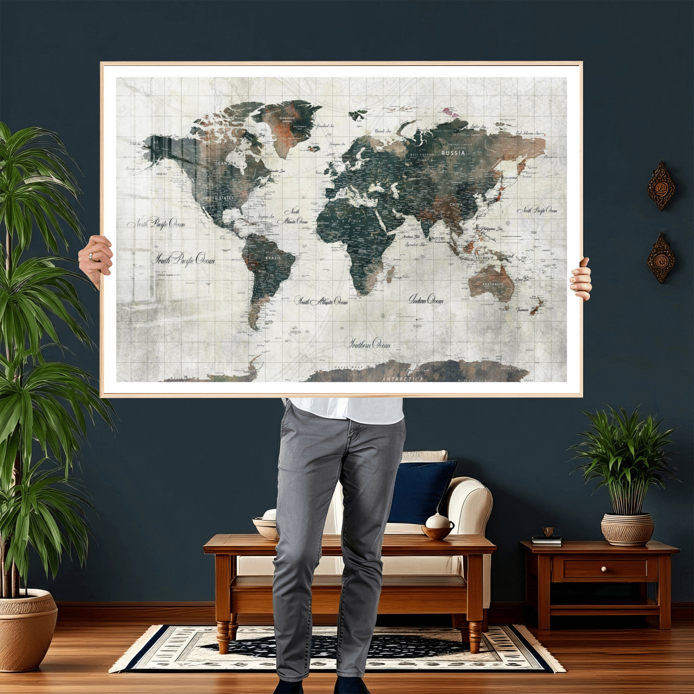91179593-MGV-CV-36X24 - World Map Wall Art Canvas Print, Modern Decorative Framed Map Artwork Prints for Living Room, Office, Bedroom Wall Decor