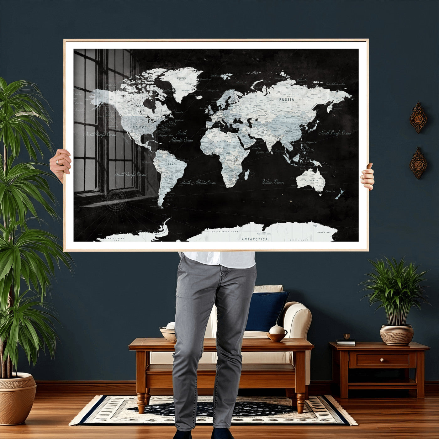 28664806-MGV-CV-36X24 - World Map Wall Art Canvas Print, Modern Decorative Framed Map Artwork Prints for Living Room, Office, Bedroom Wall Decor