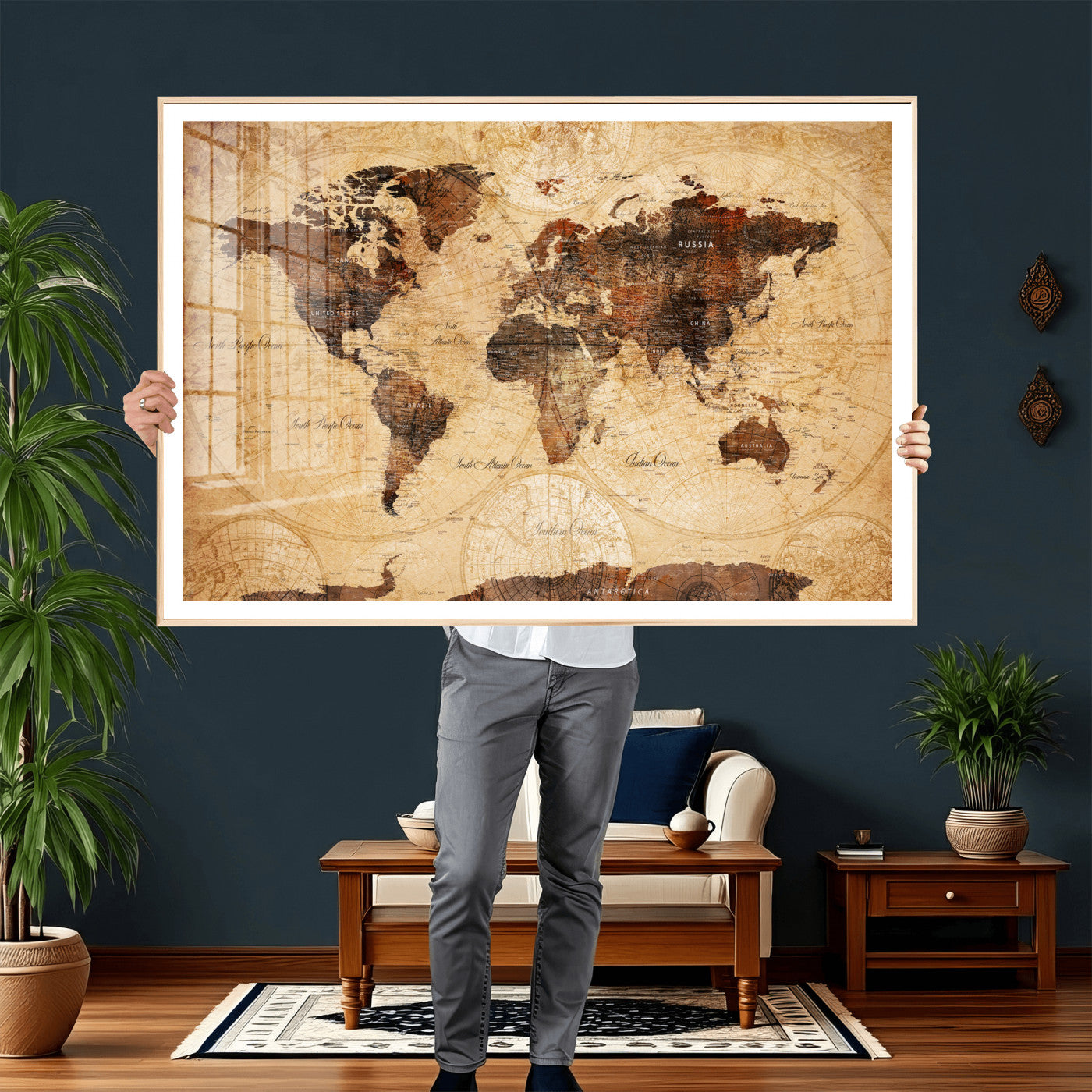 40760475-MGV-CV-36X24 - World Map Wall Art Canvas Print, Modern Decorative Framed Map Artwork Prints for Living Room, Office, Bedroom Wall Decor