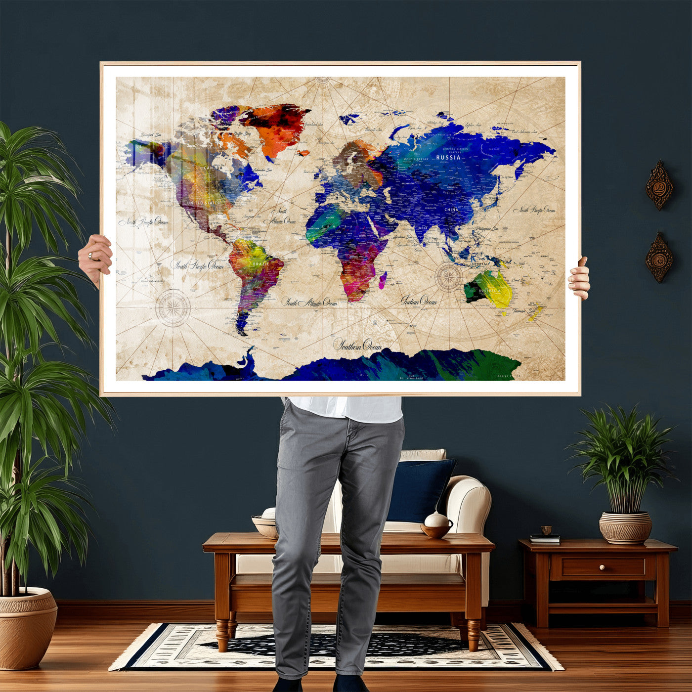 26284075-MGV-CV-36X24 - World Map Wall Art Canvas Print, Modern Decorative Framed Map Artwork Prints for Living Room, Office, Bedroom Wall Decor