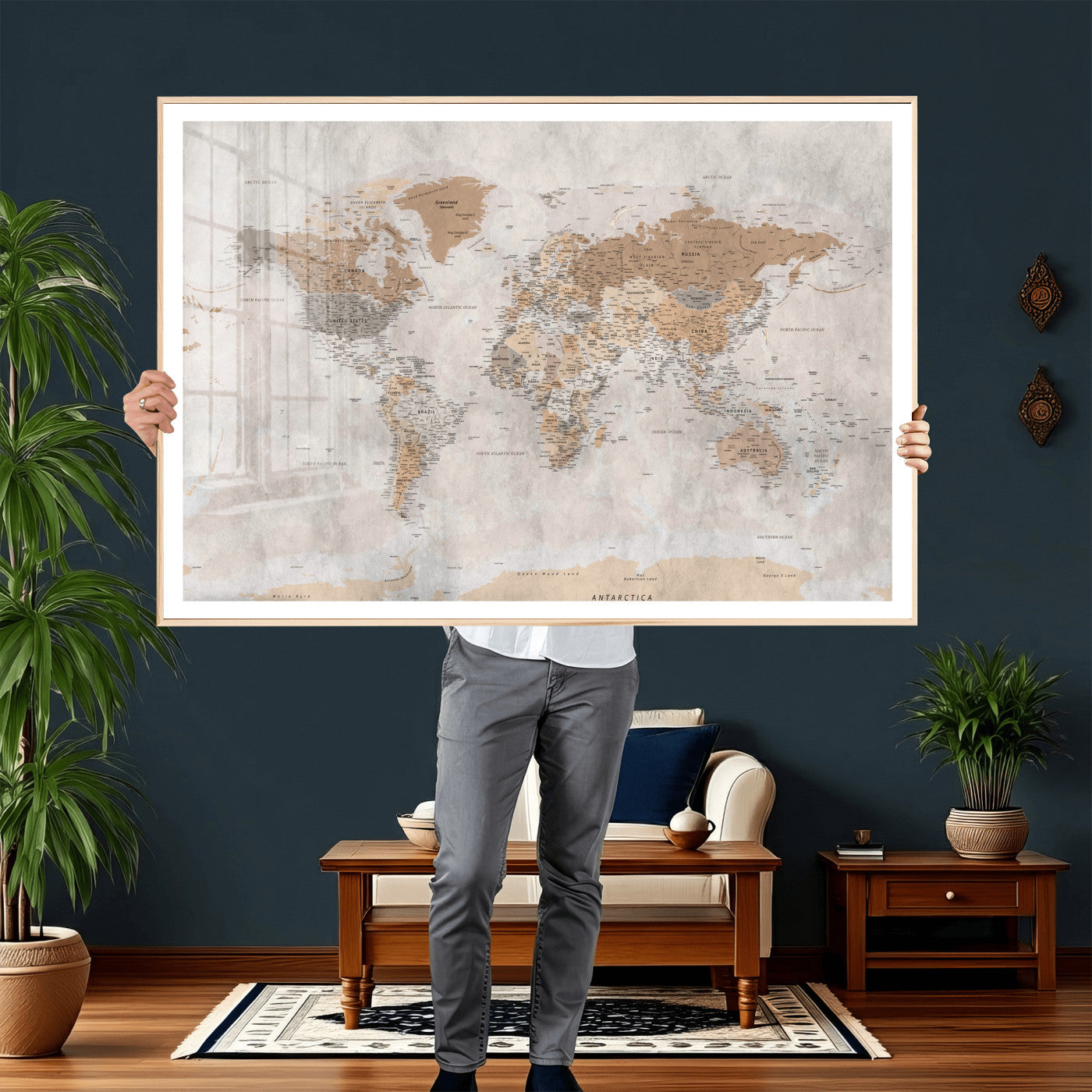 34051638-MGV-CV-36X24 - World Map Wall Art Canvas Print, Modern Decorative Framed Map Artwork Prints for Living Room, Office, Bedroom Wall Decor