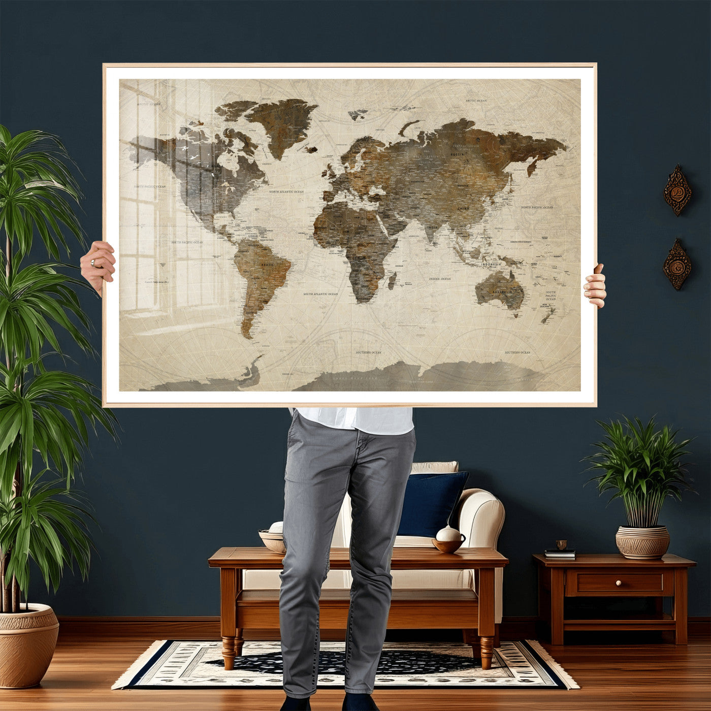 49623468-MGV-CV-36X24 - World Map Wall Art Canvas Print, Modern Decorative Framed Map Artwork Prints for Living Room, Office, Bedroom Wall Decor