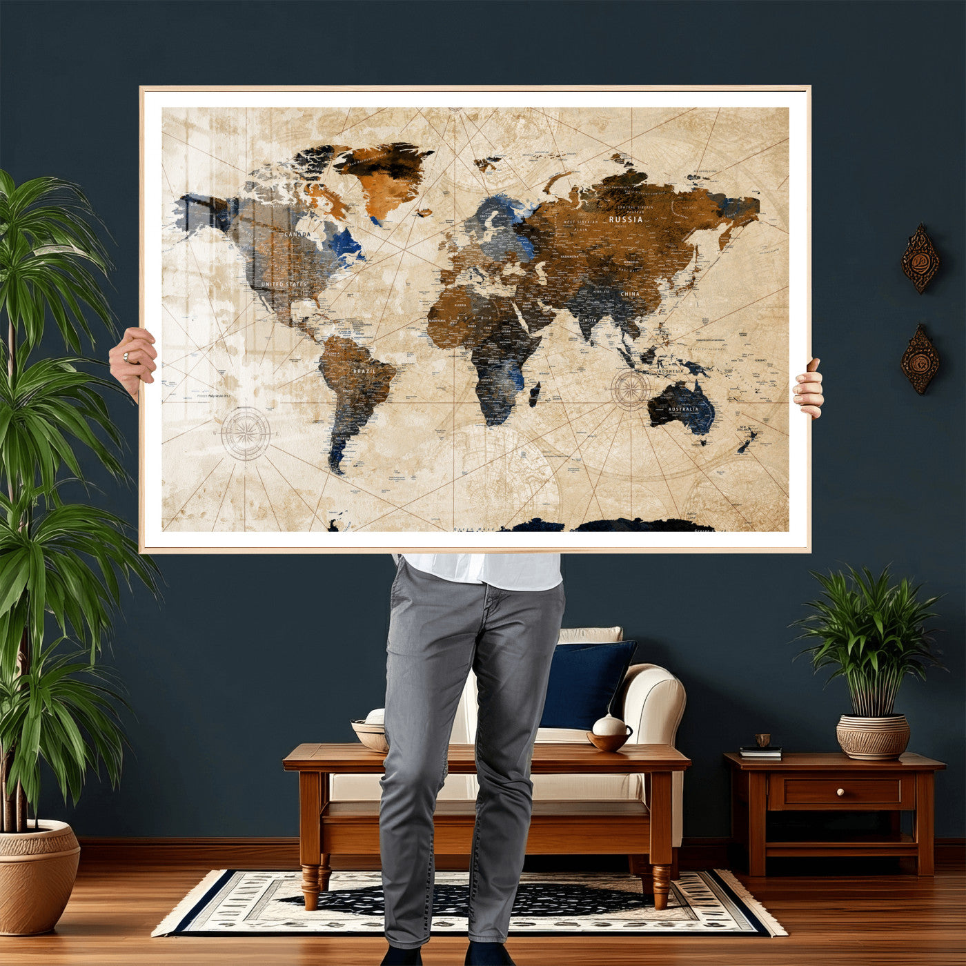 15727090-MGV-CV-36X24 - World Map Wall Art Canvas Print, Modern Decorative Framed Map Artwork Prints for Living Room, Office, Bedroom Wall Decor