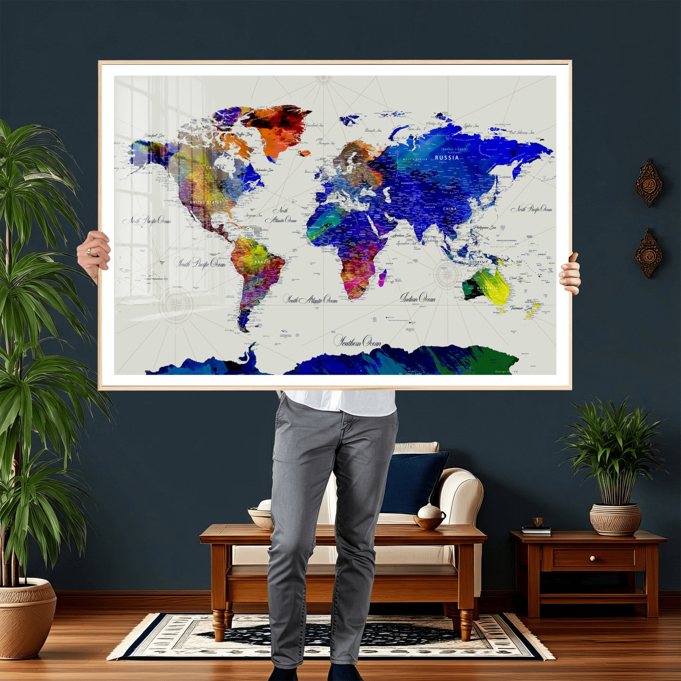 49670038-MGV-CV-36X24 - World Map Wall Art Canvas Print, Modern Decorative Framed Map Artwork Prints for Living Room, Office, Bedroom Wall Decor