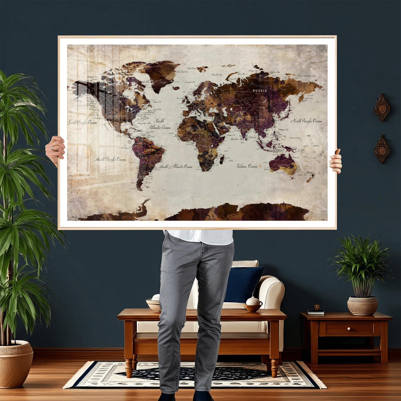 50611123-MGV-CV-36X24 - World Map Canvas Triptych – Colorful Global Wall Art for Living Rooms, Offices, and Study Spaces